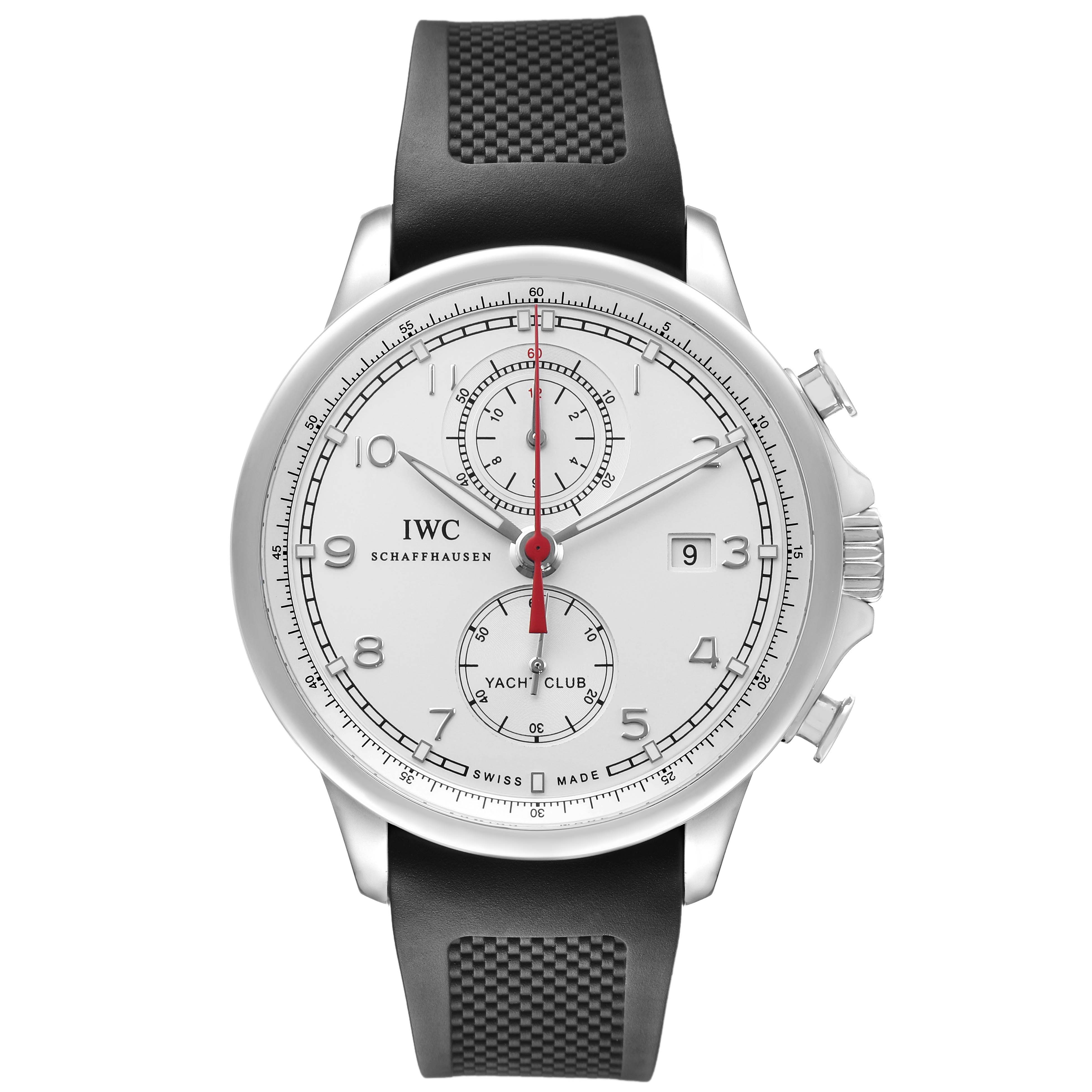 The IWC Portuguese IW390211 Men's Stainless Steel Silver Dial model watch is shown from a front angle, highlighting the dial, strap, and side pushers.