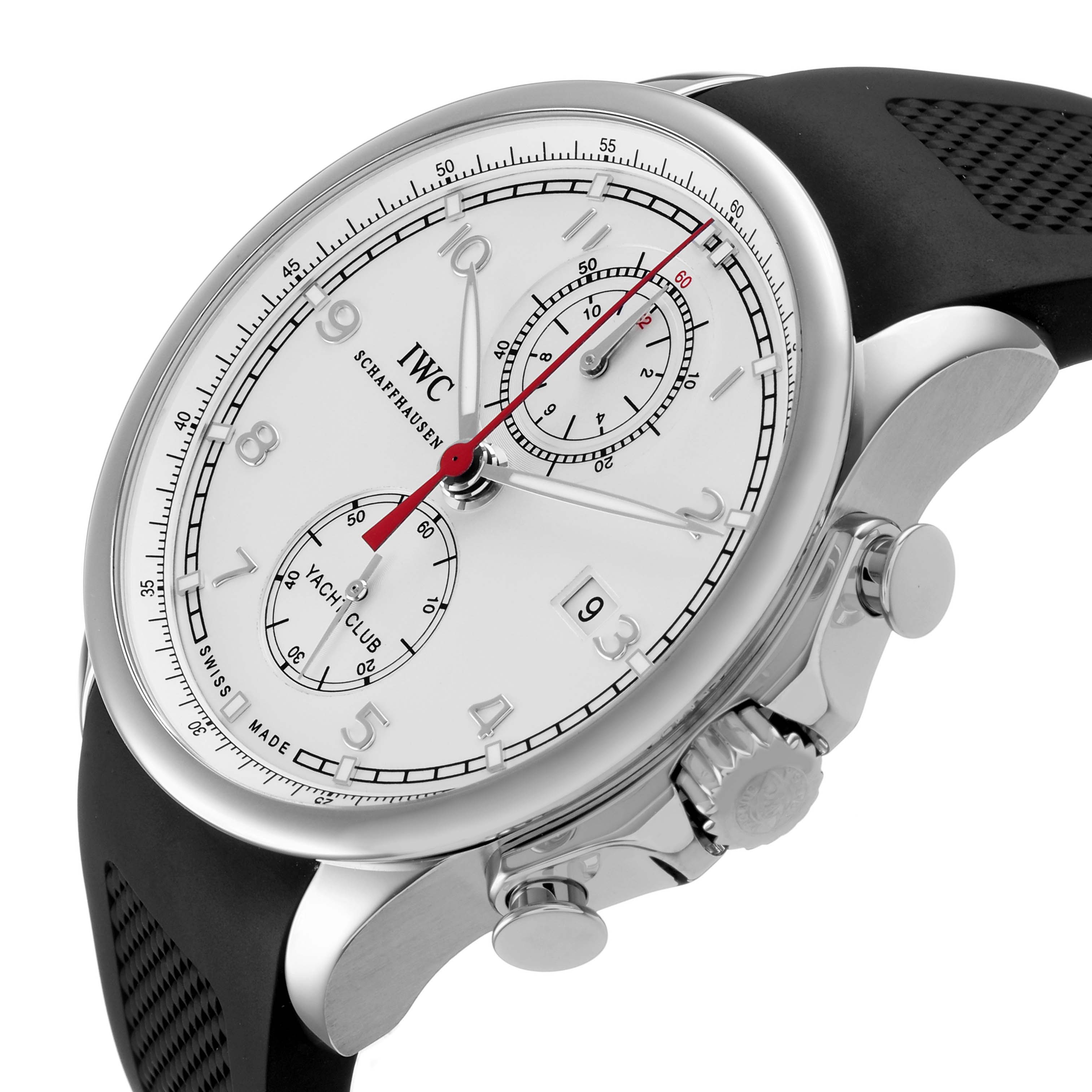 The IWC Portuguese IW390211 Men's Stainless Steel Silver Dial watch is shown from a three-quarter angle, highlighting the dial, case, crown, and pushers.