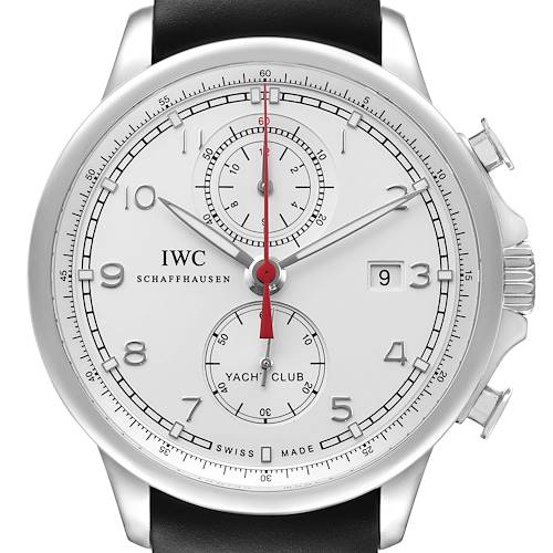 The IWC Portuguese IW390211 Men's Stainless Steel Silver Dial watch is shown from the front, highlighting its dial, hands, subdials, and crown.