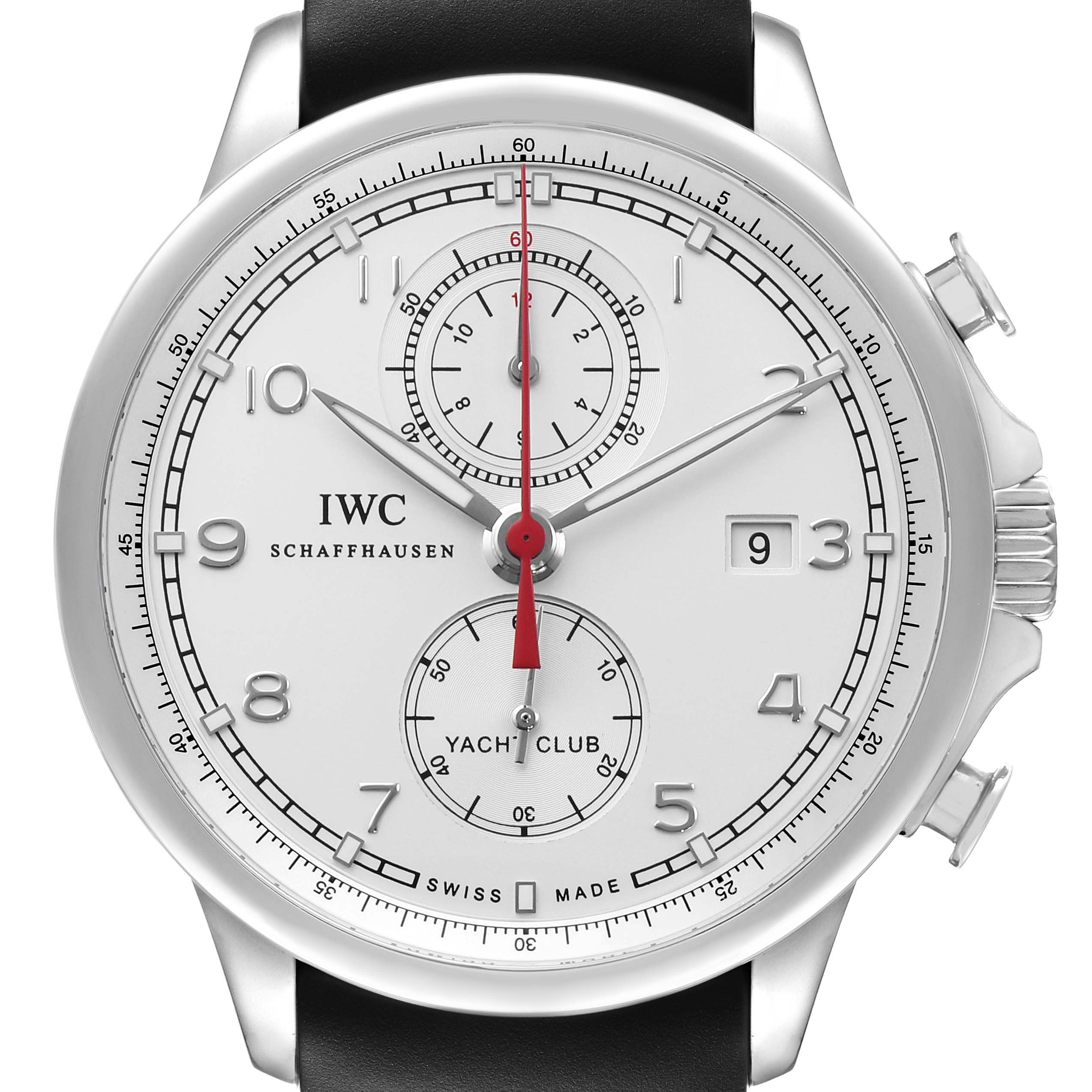 The IWC Portuguese IW390211 Men's Stainless Steel Silver Dial watch is shown from the front, highlighting its dial, hands, subdials, crown, and part of the strap.