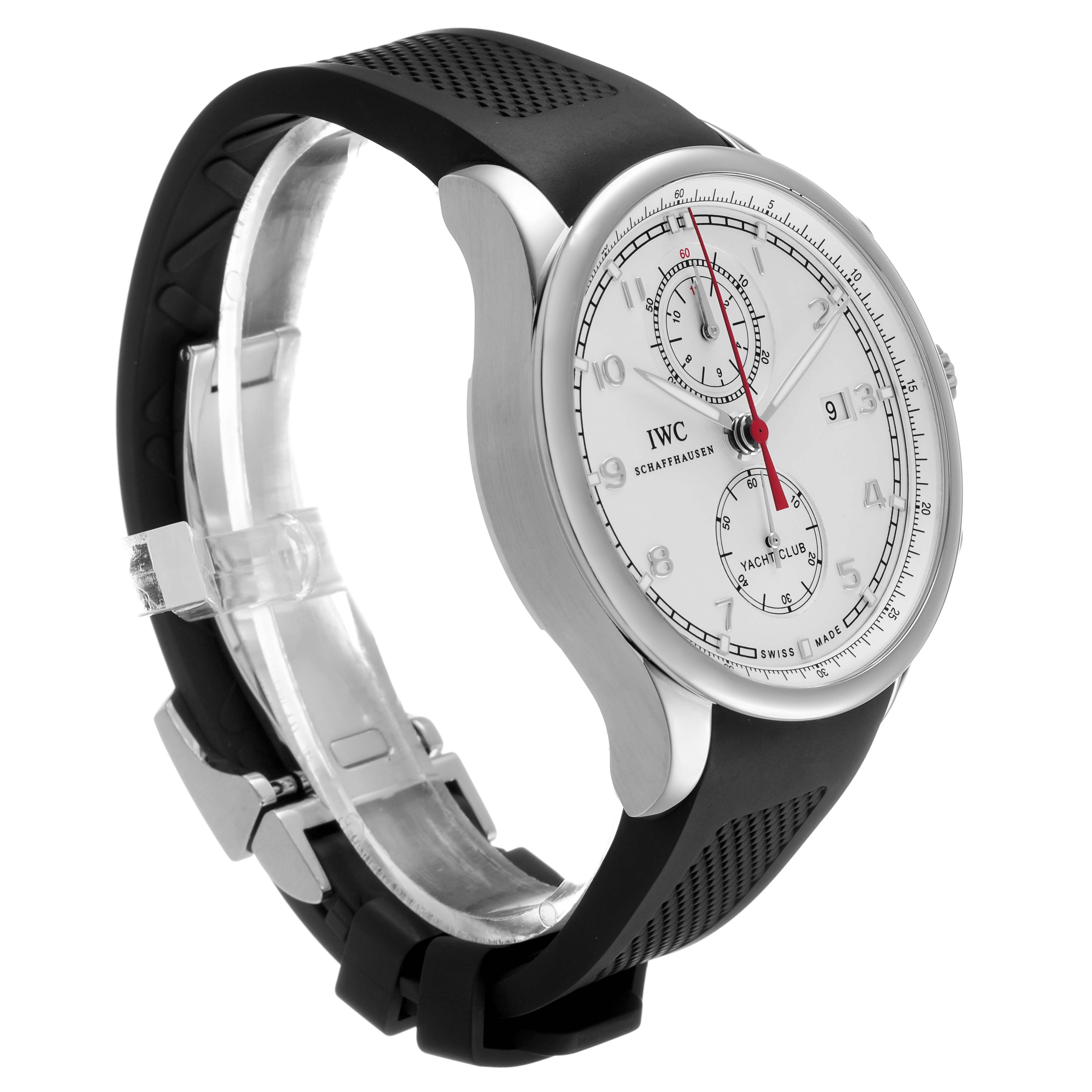 The IWC Portuguese IW390211 Men's Stainless Steel Silver Dial watch is shown from a side angle, highlighting the face, crown, and rubber strap.