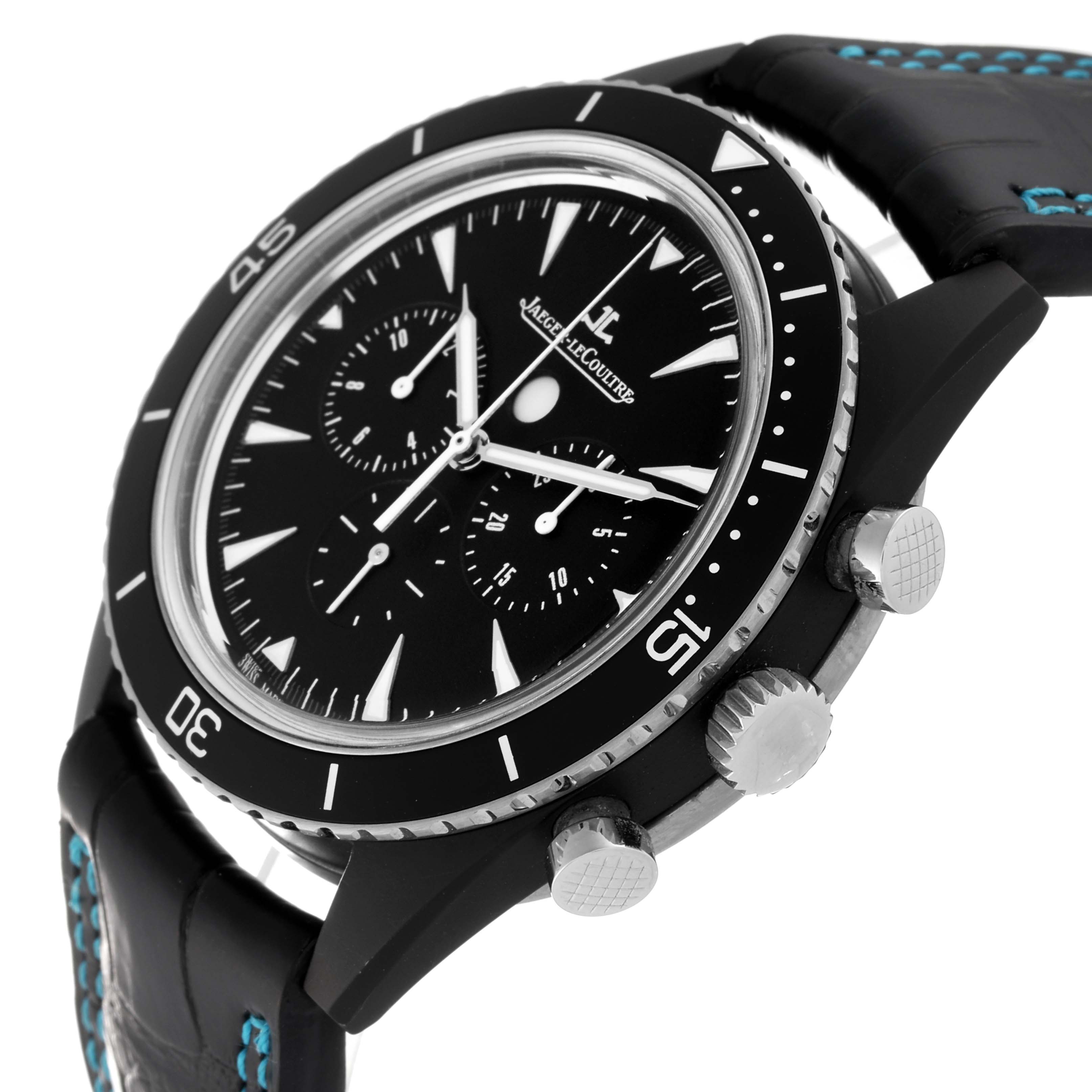 The image shows a side angle of the Jaeger LeCoultre Master Q208A570 Men's Ceramic Black Dial Q208A570 Men's Ceramic Black Dial model watch, highlighting its black dial, chronograph sub-dials, and crown/pushers.