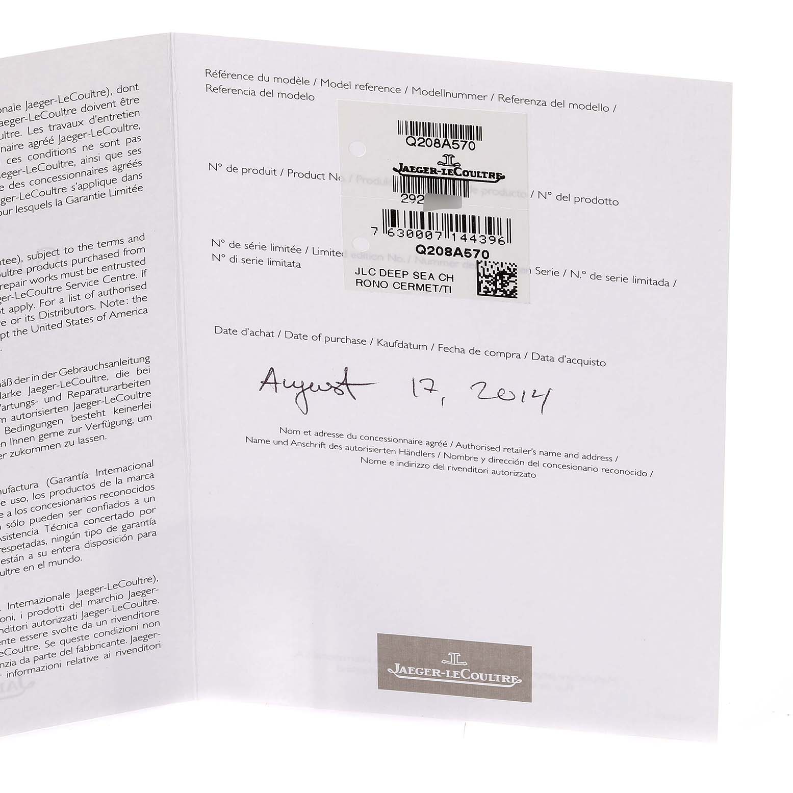 The image shows the open warranty card for a Jaeger-LeCoultre Master model, detailing purchase information and the model reference number.