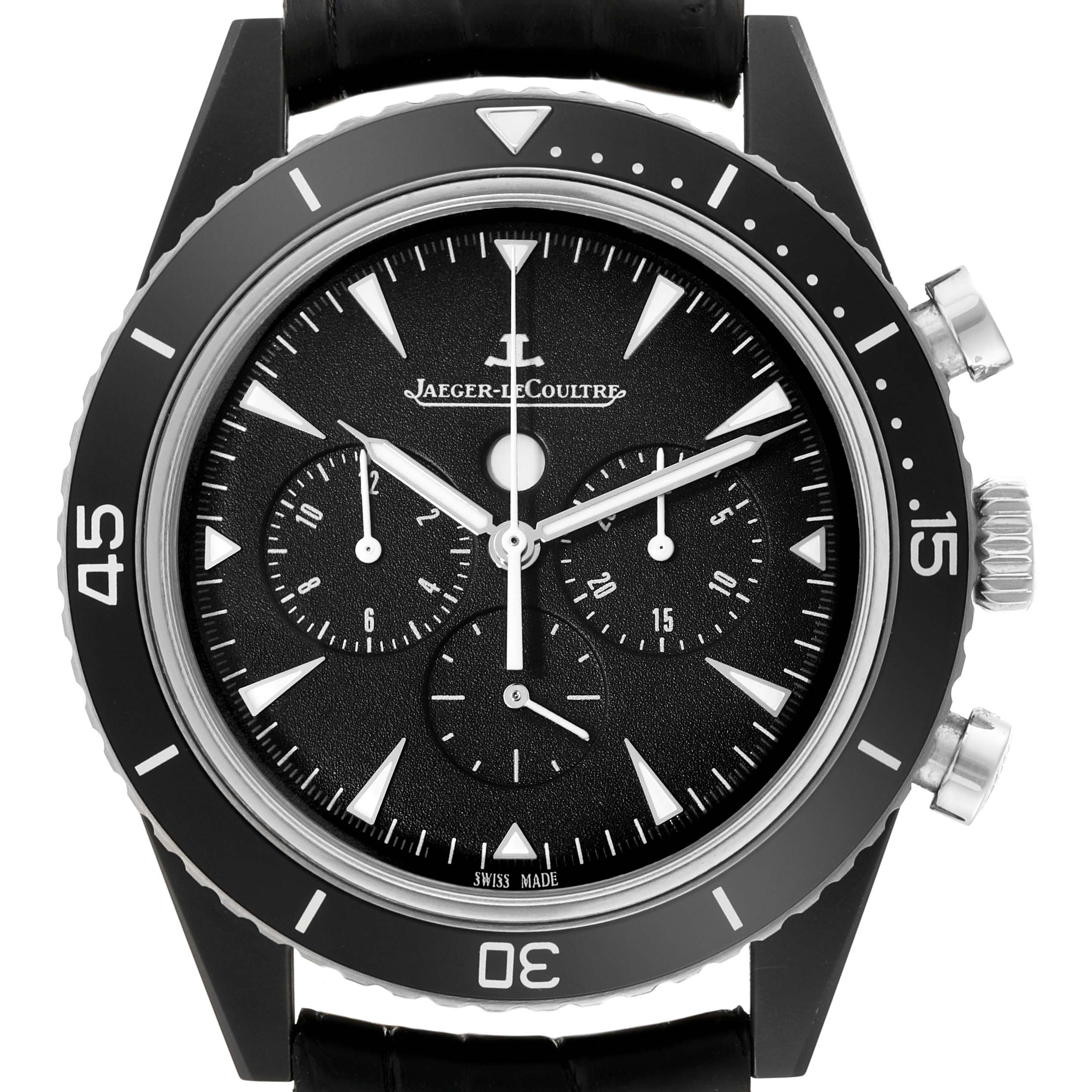 This image shows a front view of the Jaeger-LeCoultre Master model, highlighting the dial and bezel.