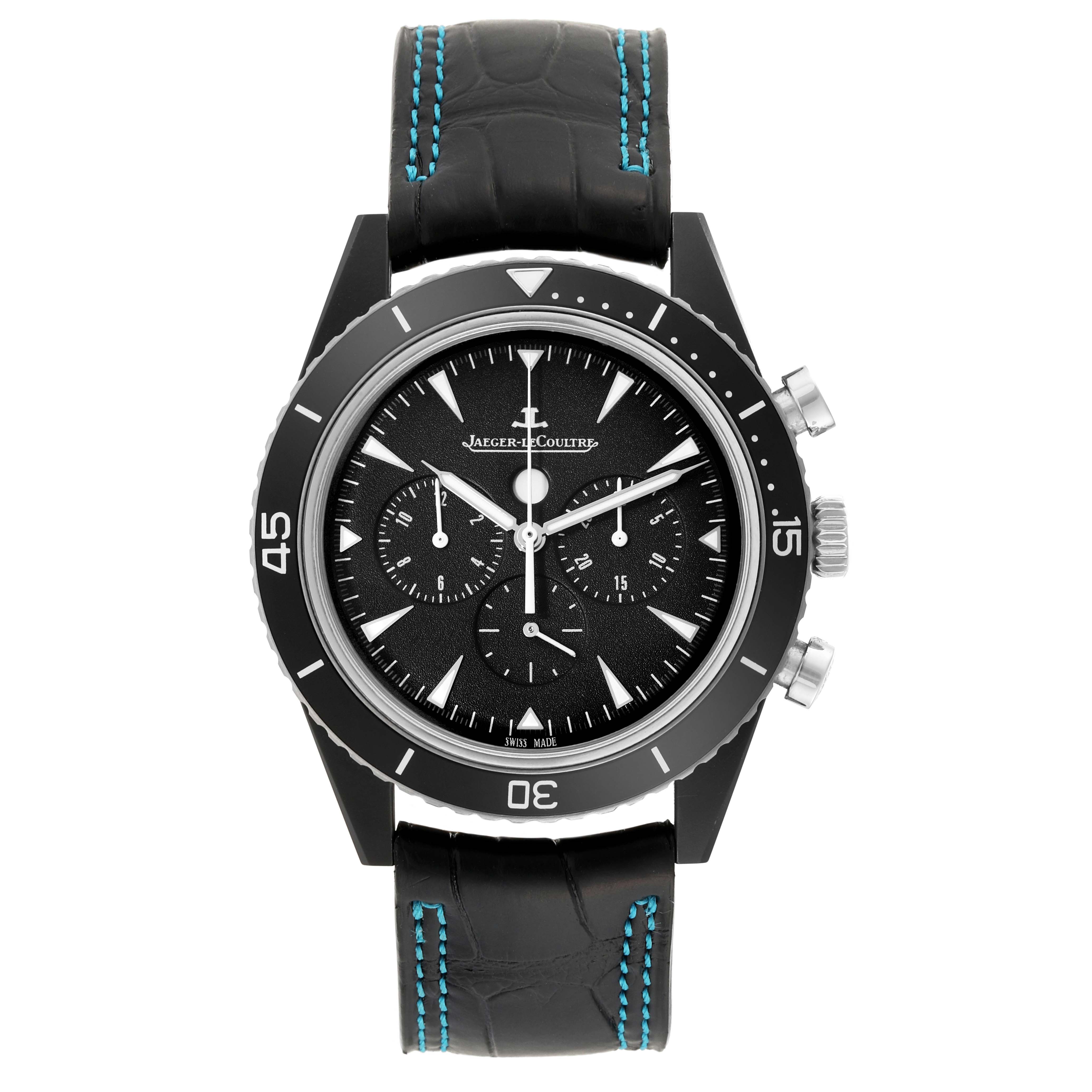 This image shows a front view of a Jaeger LeCoultre Master Q208A570 Men's Ceramic Black Dial Q208A570 Men's Ceramic Black Dial model watch, displaying the dial, bezel, and strap.