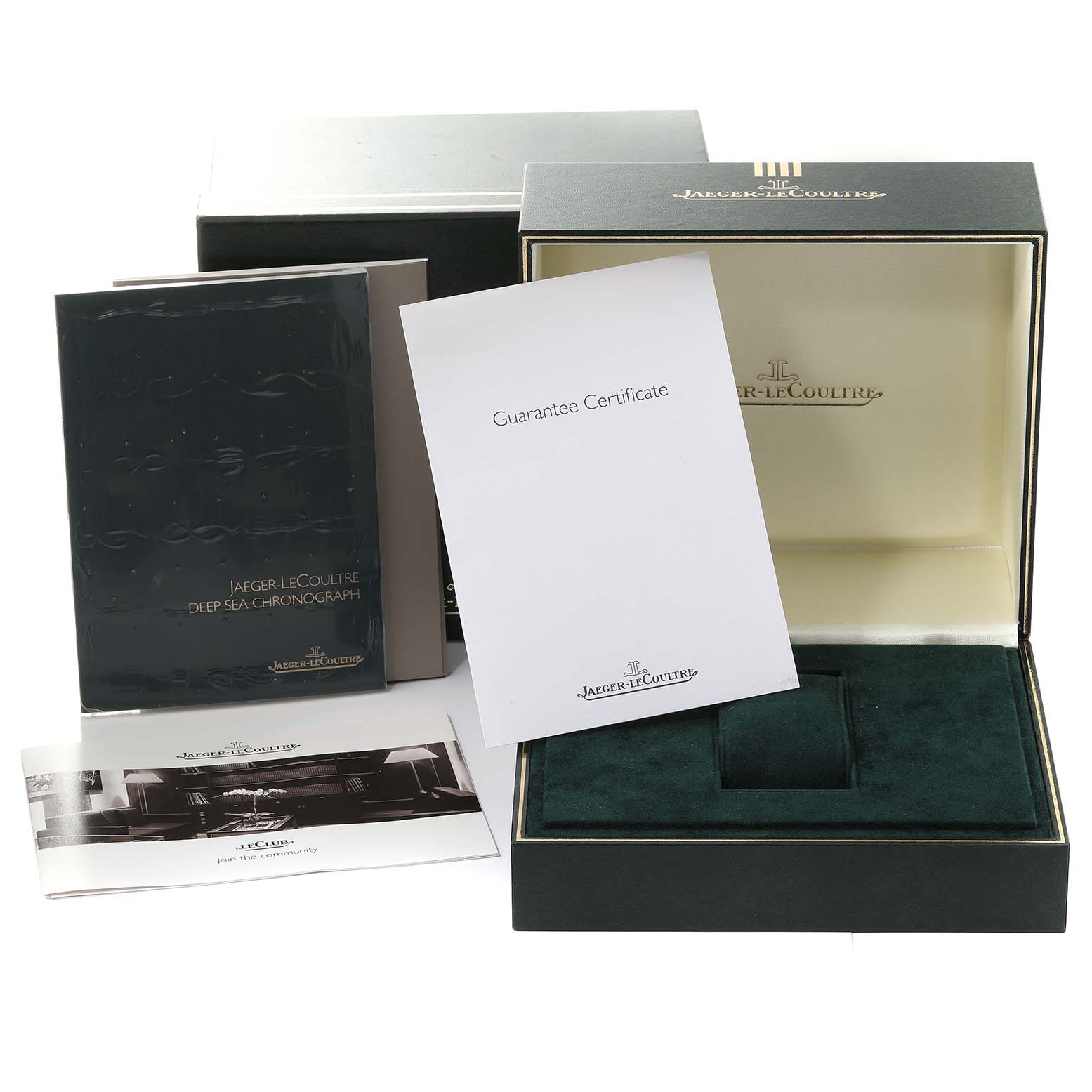 The image shows the packaging, guarantee certificate, and booklet for a Jaeger-LeCoultre Master model watch.