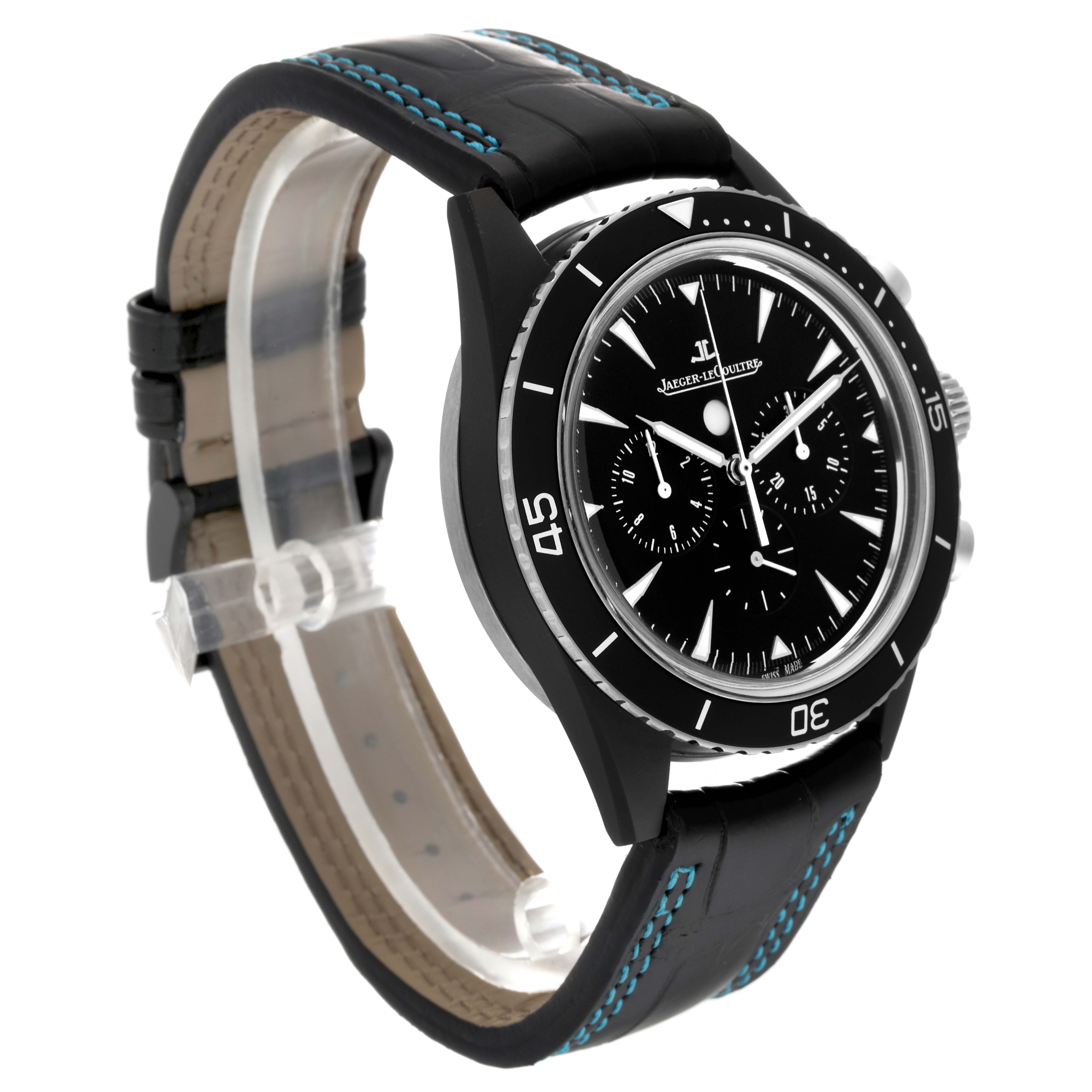 The image shows a side-angle view of the Jaeger-LeCoultre Master model watch, highlighting the dial, bezel, and strap with blue stitching.