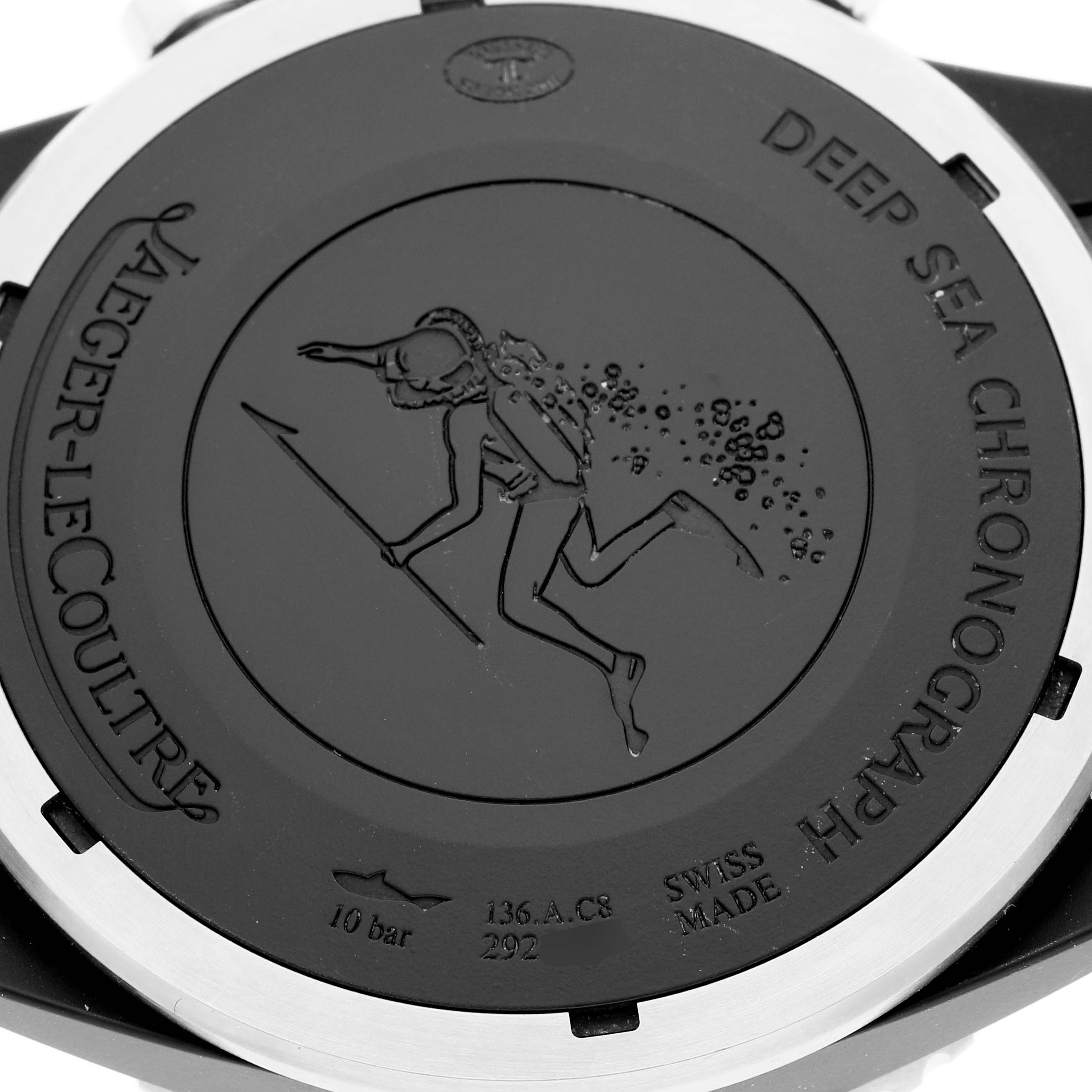 The image shows the case back of a Jaeger-LeCoultre Master model, specifically the Deep Sea Chronograph.