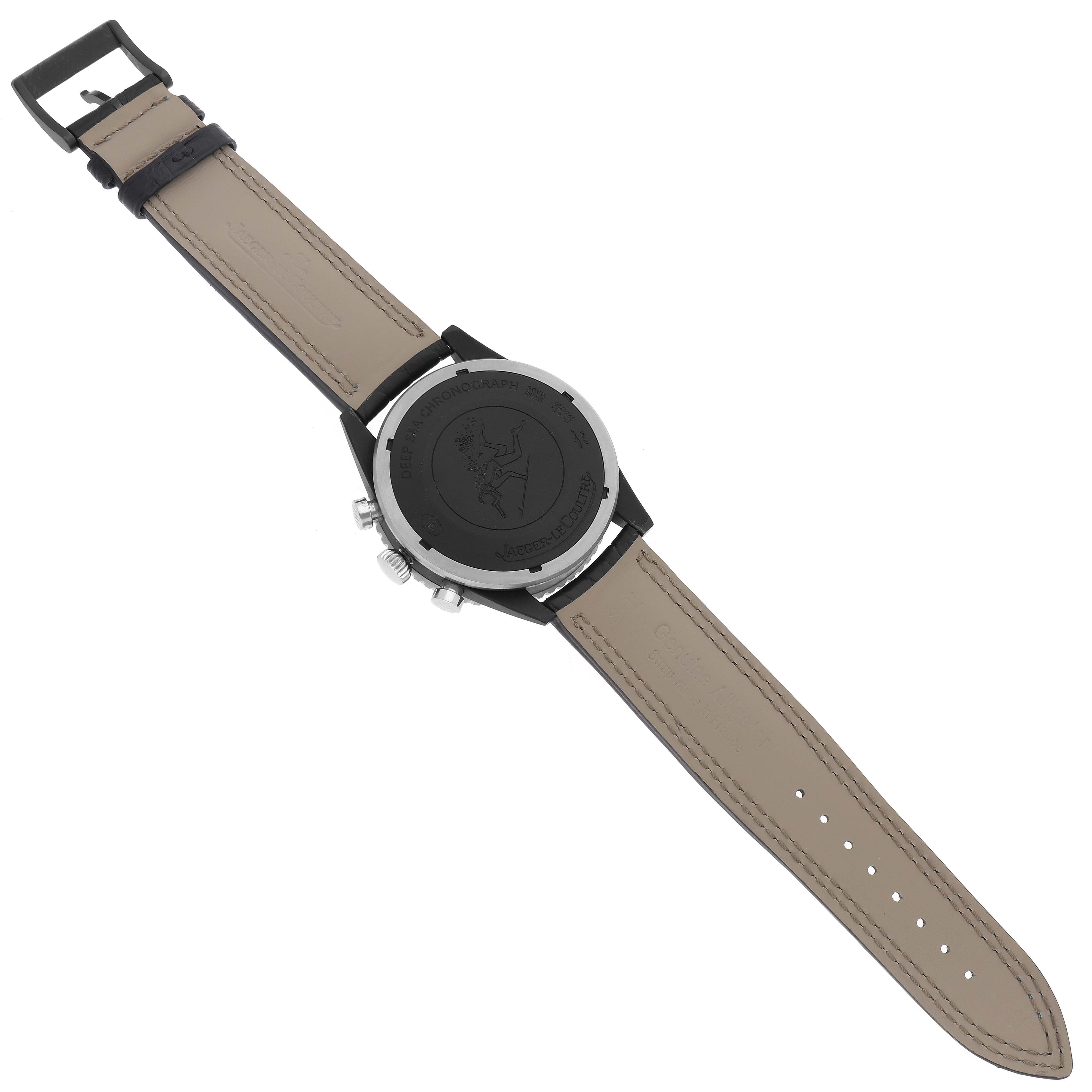 The image shows the back view of the Jaeger LeCoultre Master Q208A570 Men's Ceramic Black Dial Q208A570 Men's Ceramic Black Dial model watch, highlighting its leather strap and case back.