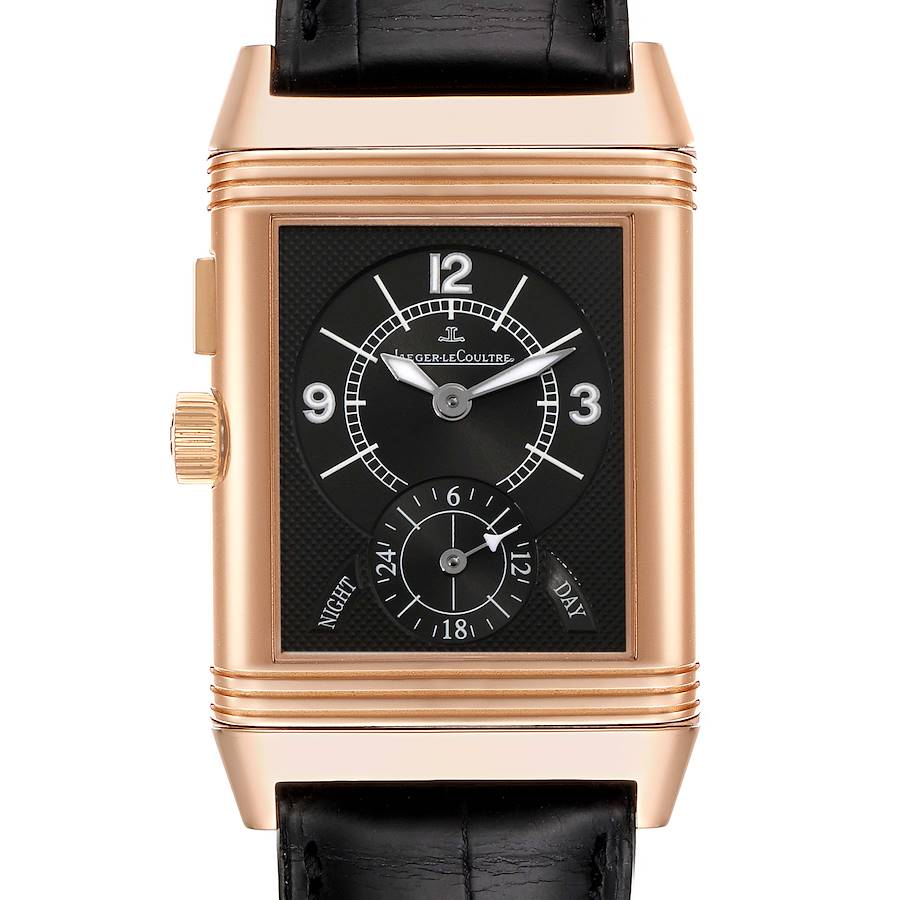 This is a frontal view of a Jaeger-LeCoultre Reverso watch, showcasing its black dial and dual time zone feature.