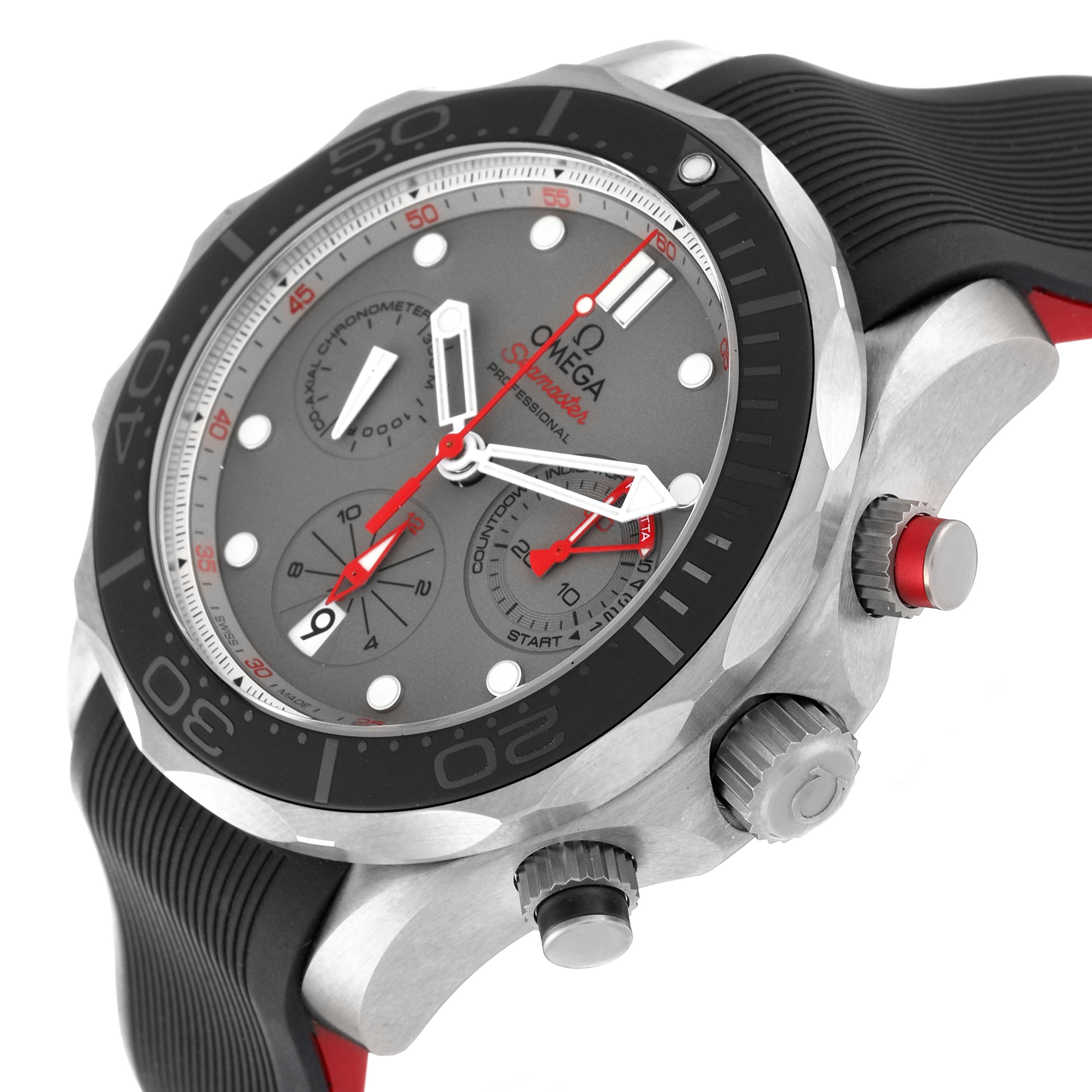 The image shows the Omega Seamaster 212.92.44.50.99.001 Men
s Titanium Grey Dial 212.92.44.50.99.001 Men
s Titanium Grey Dial watch at an oblique angle, highlighting the bezel, dial, chronograph sub-dials, and crown.