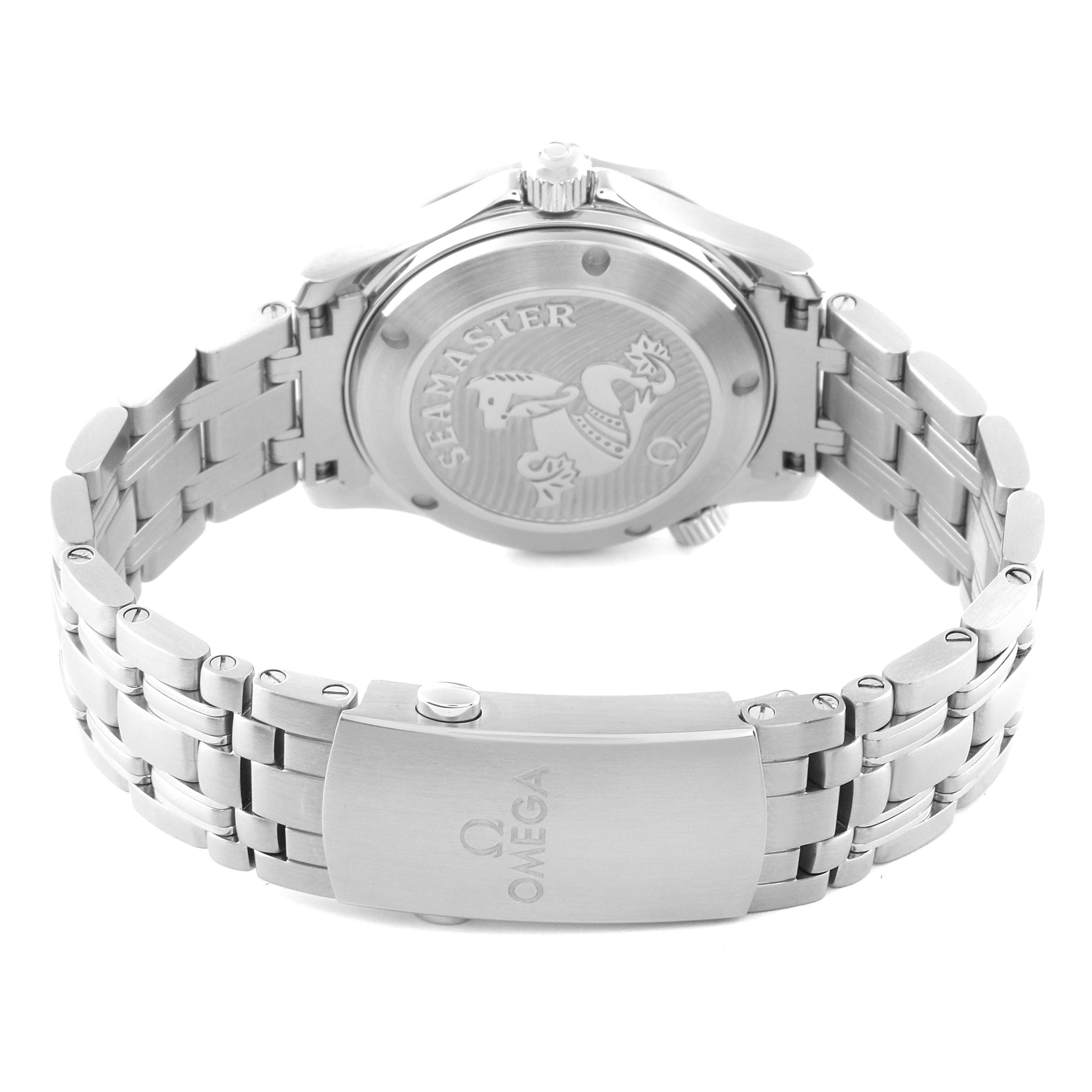 The image shows the back and bracelet of an Omega Seamaster 212.30.36.20.01.002 Men
s Stainless Steel Black Dial 212.30.36.20.01.002 Men
s Stainless Steel Black Dial watch, highlighting the case back and clasp with the Omega logo.