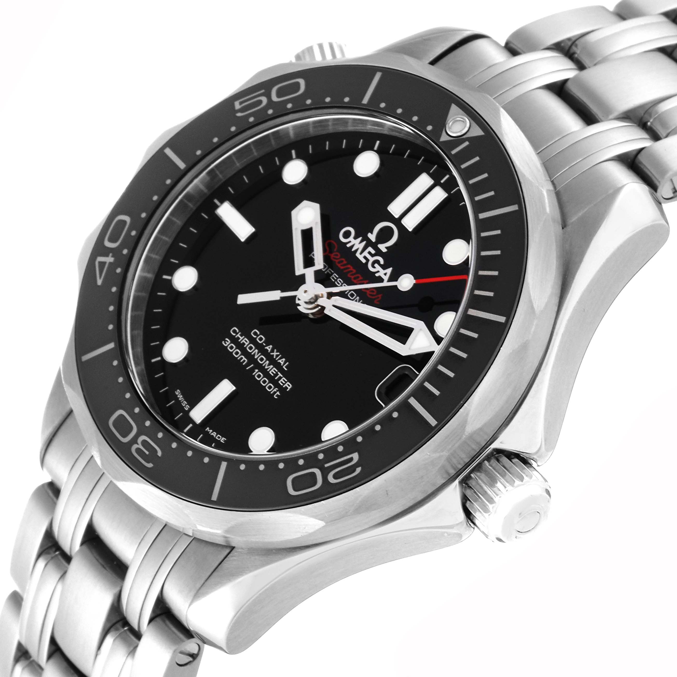 The image shows an angled view of the Omega Seamaster 212.30.36.20.01.002 Men
s Stainless Steel Black Dial 212.30.36.20.01.002 Men
s Stainless Steel Black Dial watch, highlighting its face, bezel, and stainless steel bracelet.