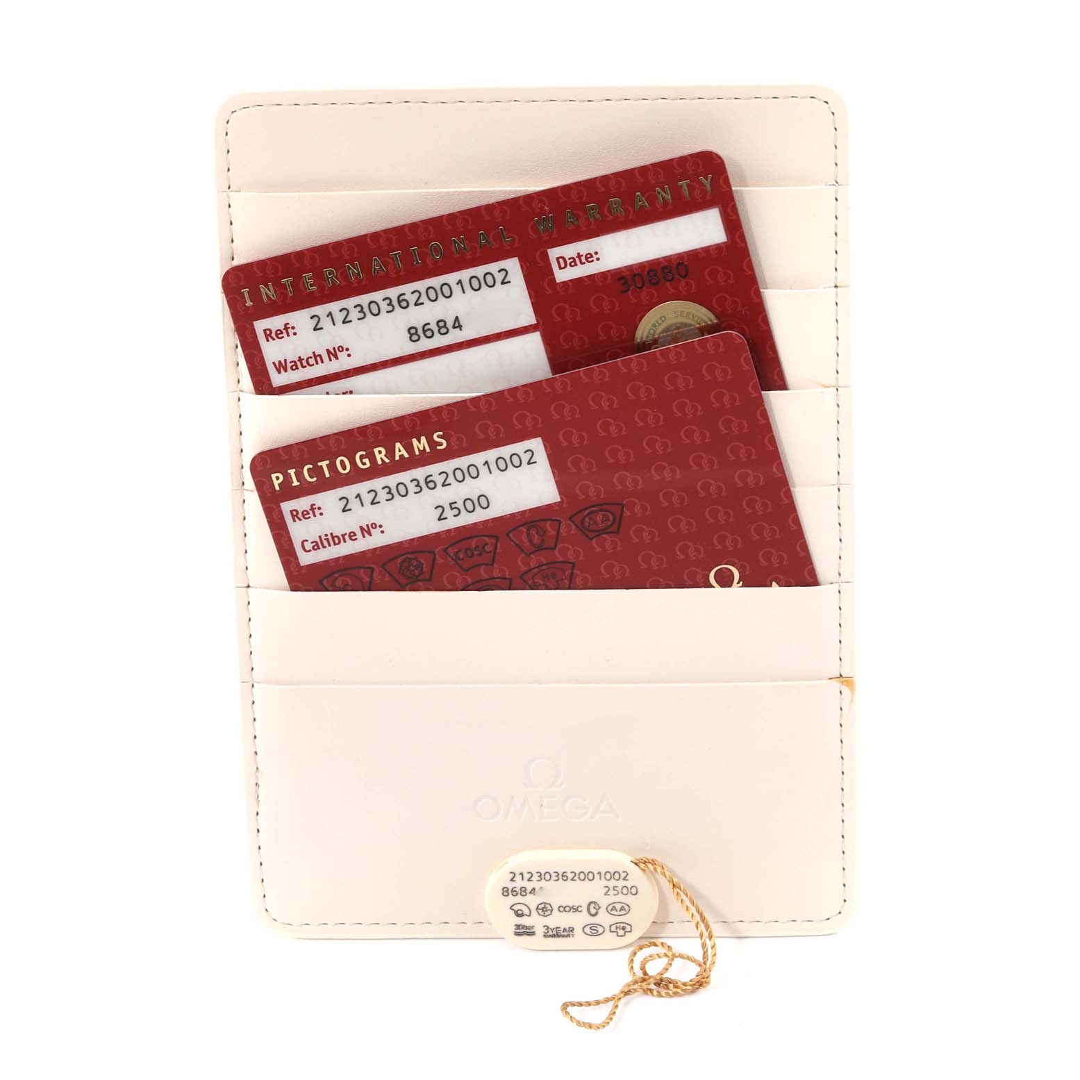 The image shows warranty cards, pictogram card, and a tag for the Omega Seamaster 212.30.36.20.01.002 Men
s Stainless Steel Black Dial 212.30.36.20.01.002 Men
s Stainless Steel Black Dial watch, displayed inside a wallet.