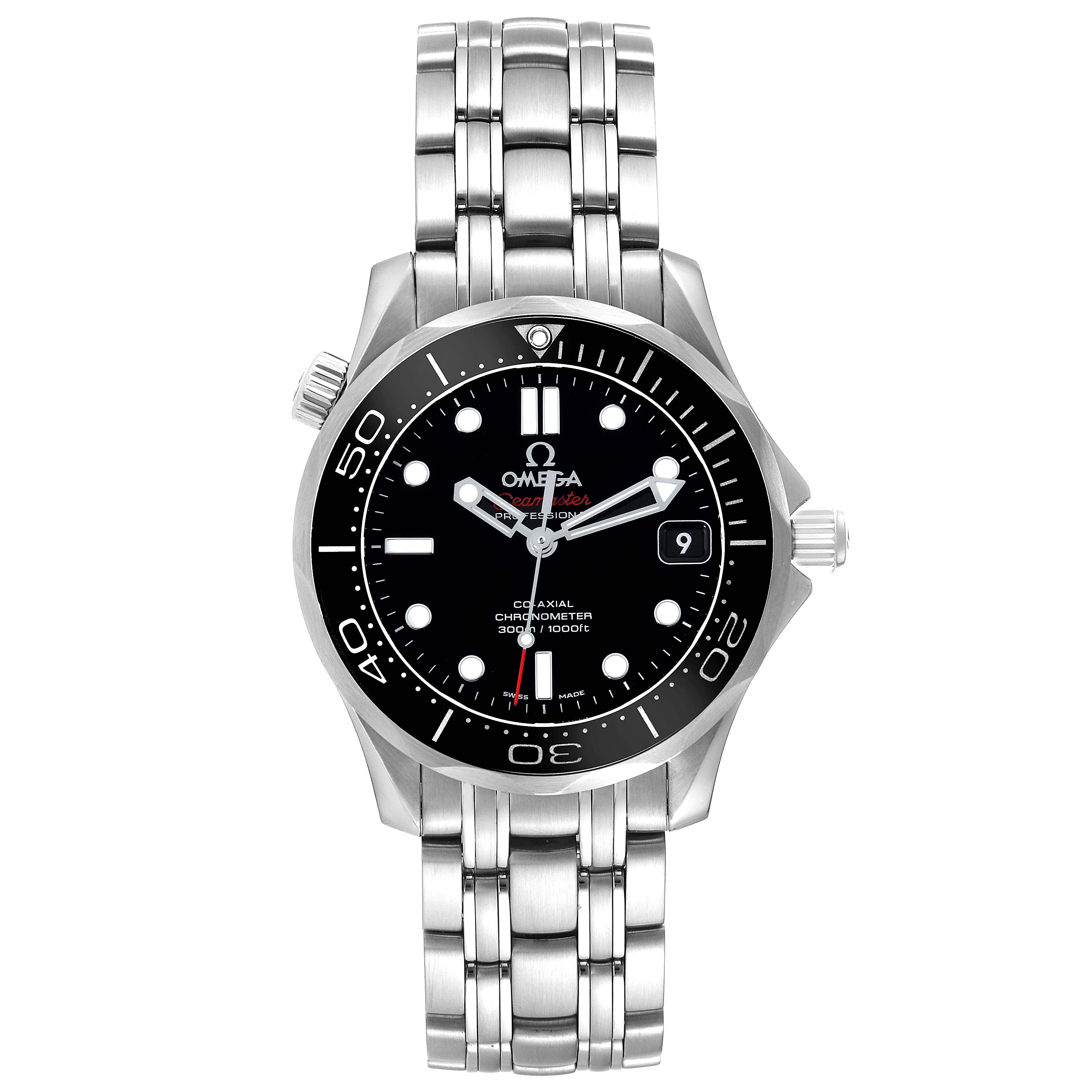 The Omega Seamaster 212.30.36.20.01.002 Men
s Stainless Steel Black Dial 212.30.36.20.01.002 Men
s Stainless Steel Black Dial watch is shown from the front, displaying its face, bezel, and metal bracelet.