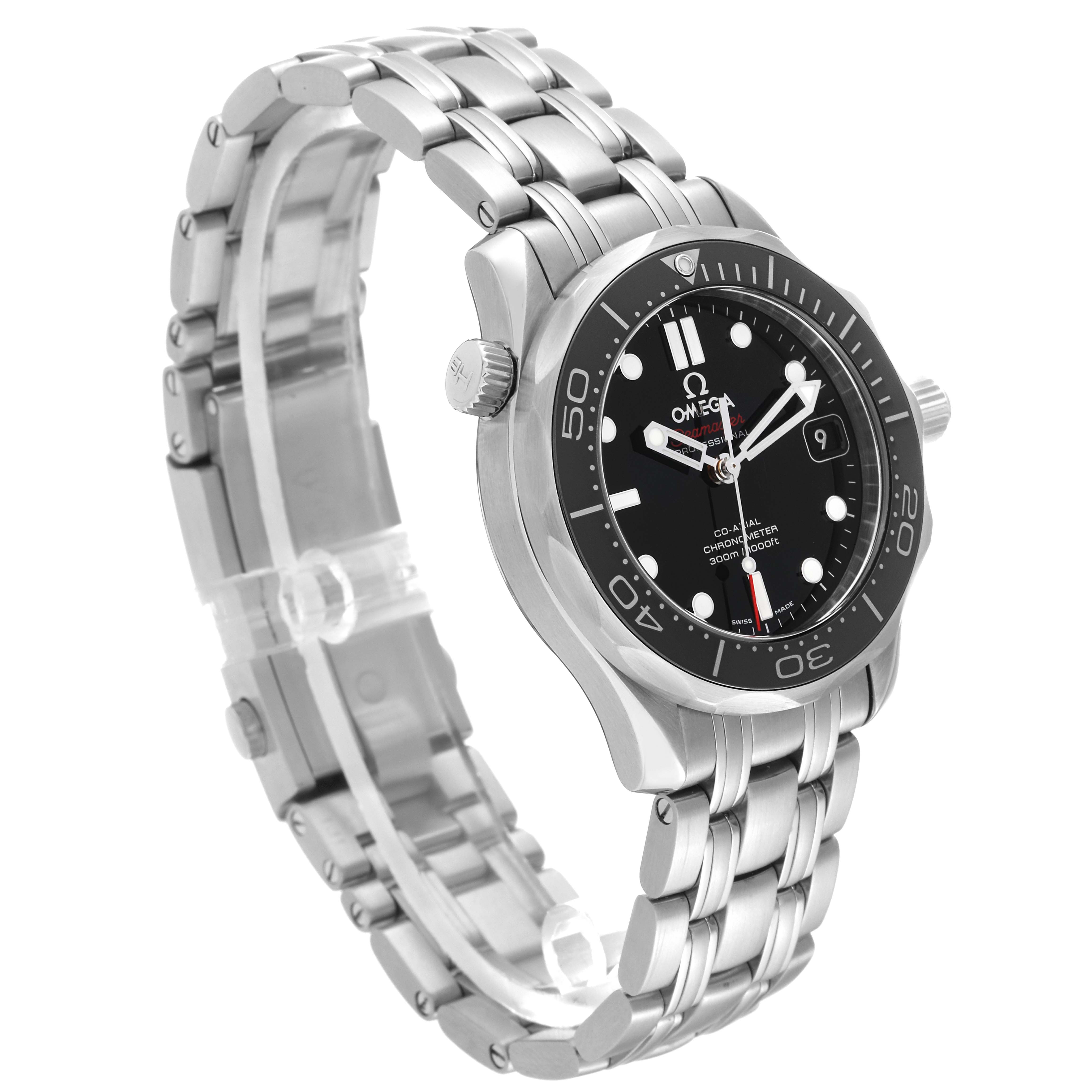 The Omega Seamaster 212.30.36.20.01.002 Men
s Stainless Steel Black Dial 212.30.36.20.01.002 Men
s Stainless Steel Black Dial watch is shown at an angled side view, displaying its bezel, dial, crown, and stainless steel bracelet.