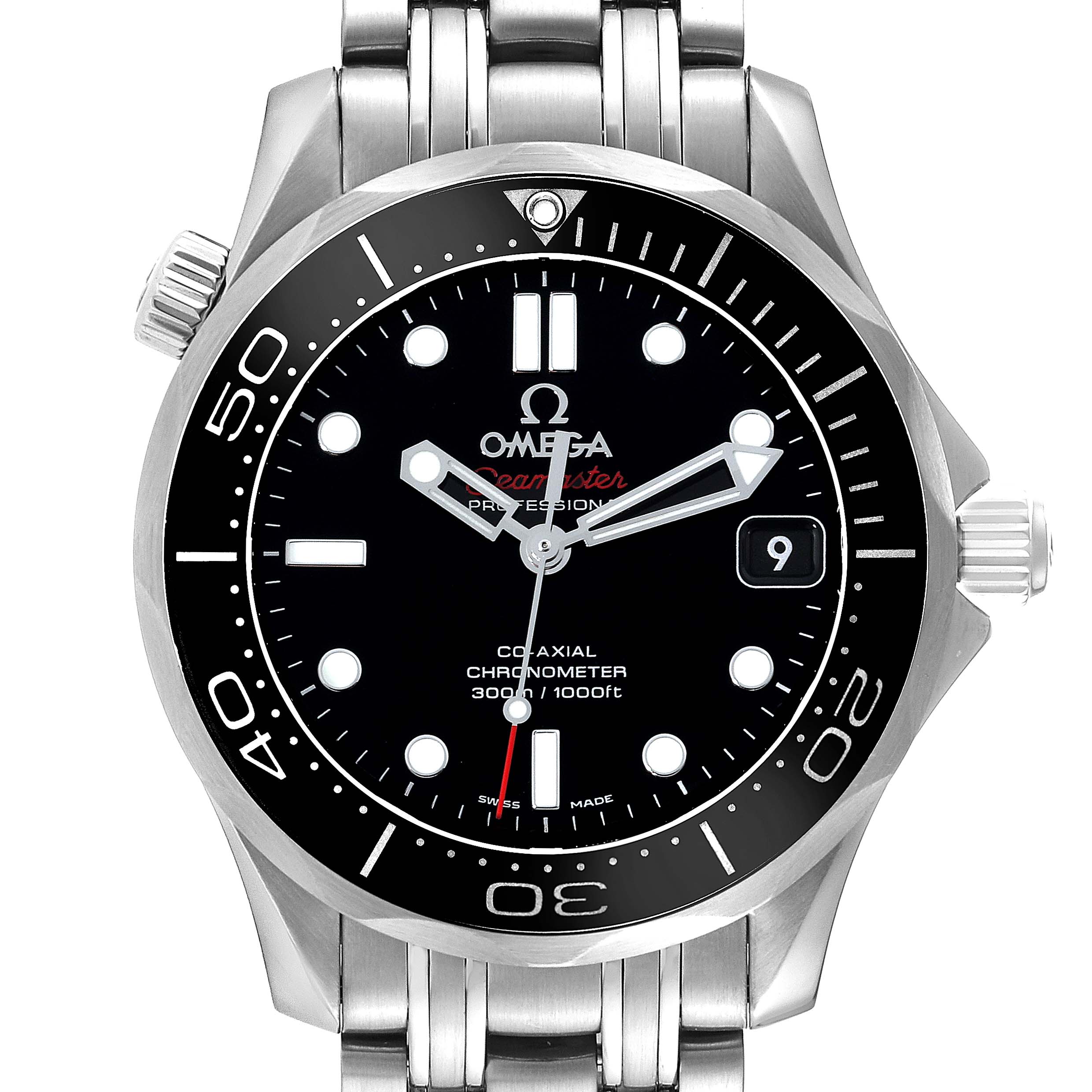 The image shows a front view of the Omega Seamaster 212.30.36.20.01.002 Men
s Stainless Steel Black Dial 212.30.36.20.01.002 Men
s Stainless Steel Black Dial watch, displaying its dial, bezel, and part of the metal bracelet.