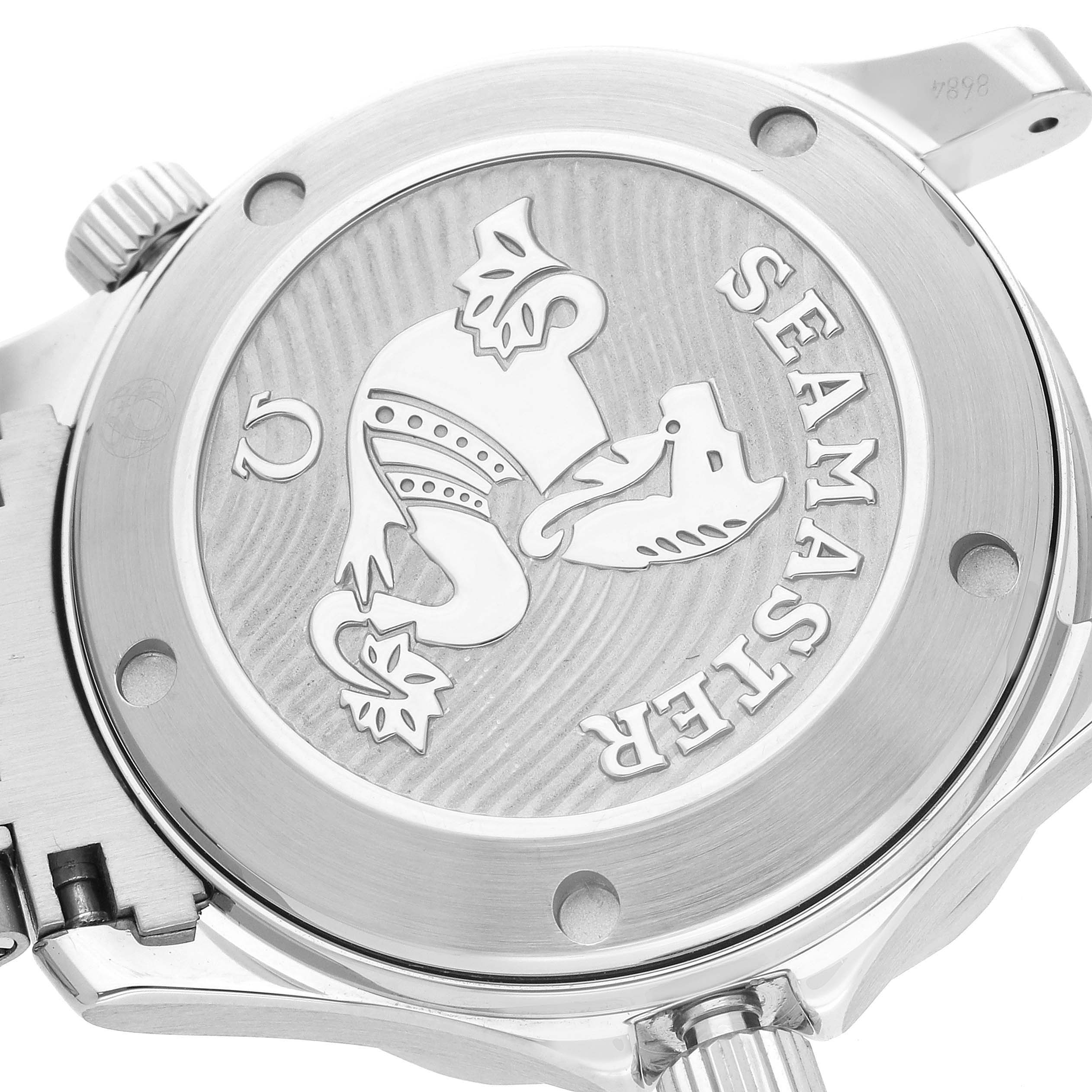 The image shows the back case and crown of an Omega Seamaster 212.30.36.20.01.002 Men
s Stainless Steel Black Dial 212.30.36.20.01.002 Men
s Stainless Steel Black Dial watch, featuring the Seamaster logo engraving.