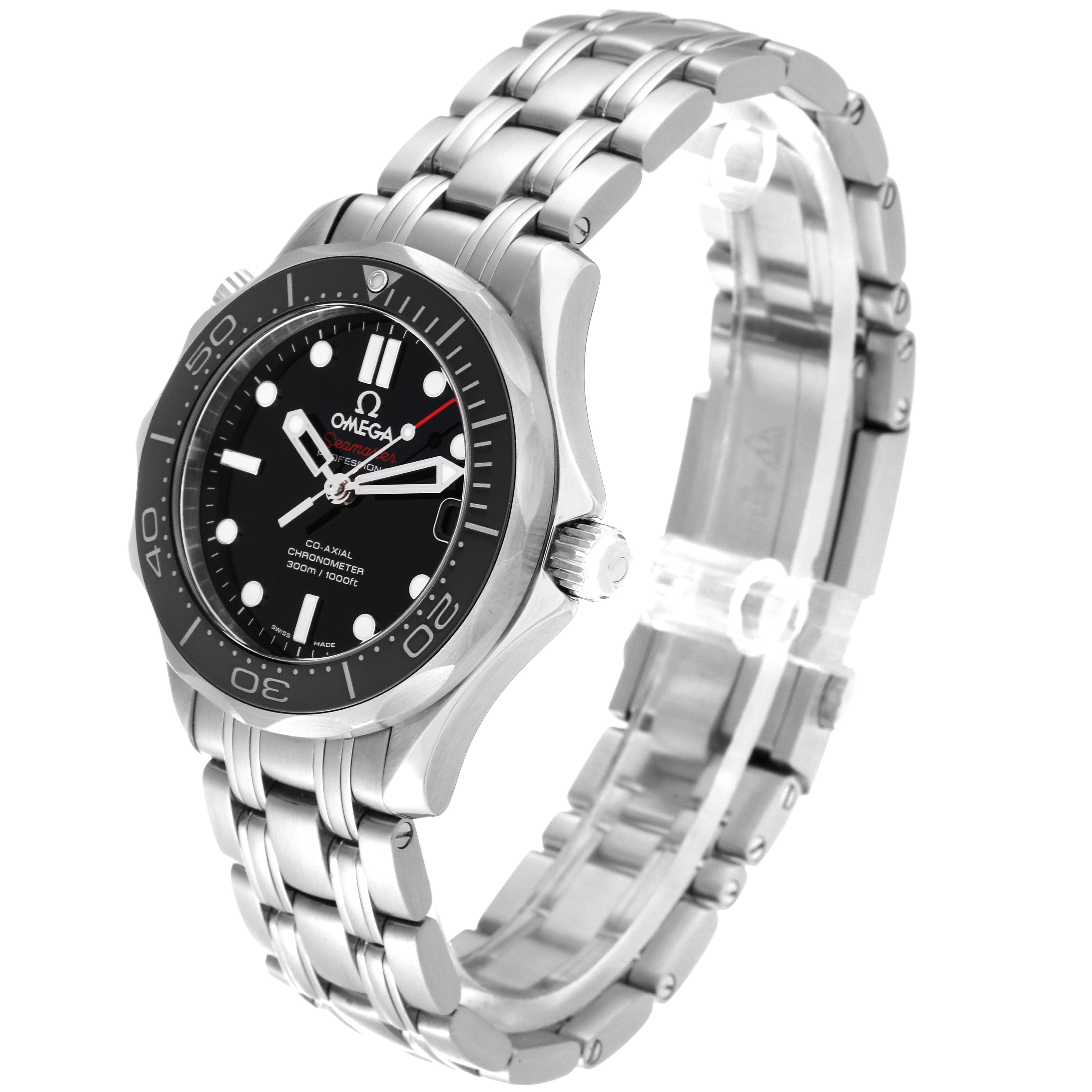 The Omega Seamaster 212.30.36.20.01.002 Men
s Stainless Steel Black Dial 212.30.36.20.01.002 Men
s Stainless Steel Black Dial watch is shown at an angled side view, highlighting its bracelet, bezel, and crown.