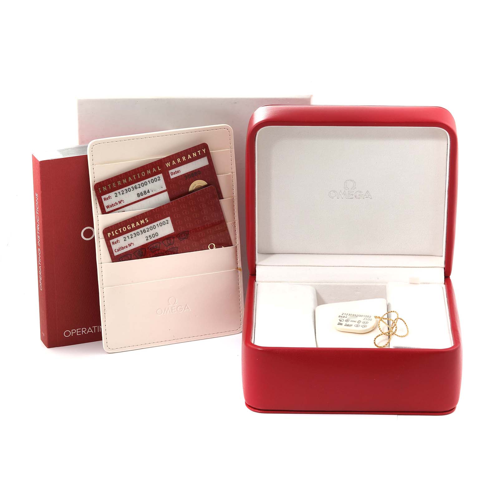 This image shows the Omega Seamaster 212.30.36.20.01.002 Men
s Stainless Steel Black Dial 212.30.36.20.01.002 Men
s Stainless Steel Black Dial watch box, warranty cards, and manuals from a front angle.