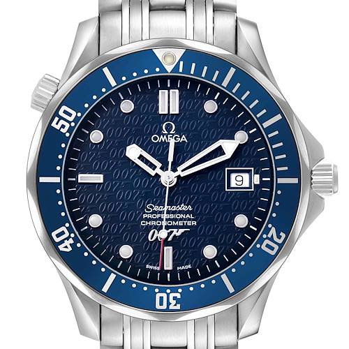 The Omega Seamaster 2537.80.00 Men's Stainless Steel Blue Dial watch is shown in a close-up front view, highlighting the dial, bezel, and bracelet.