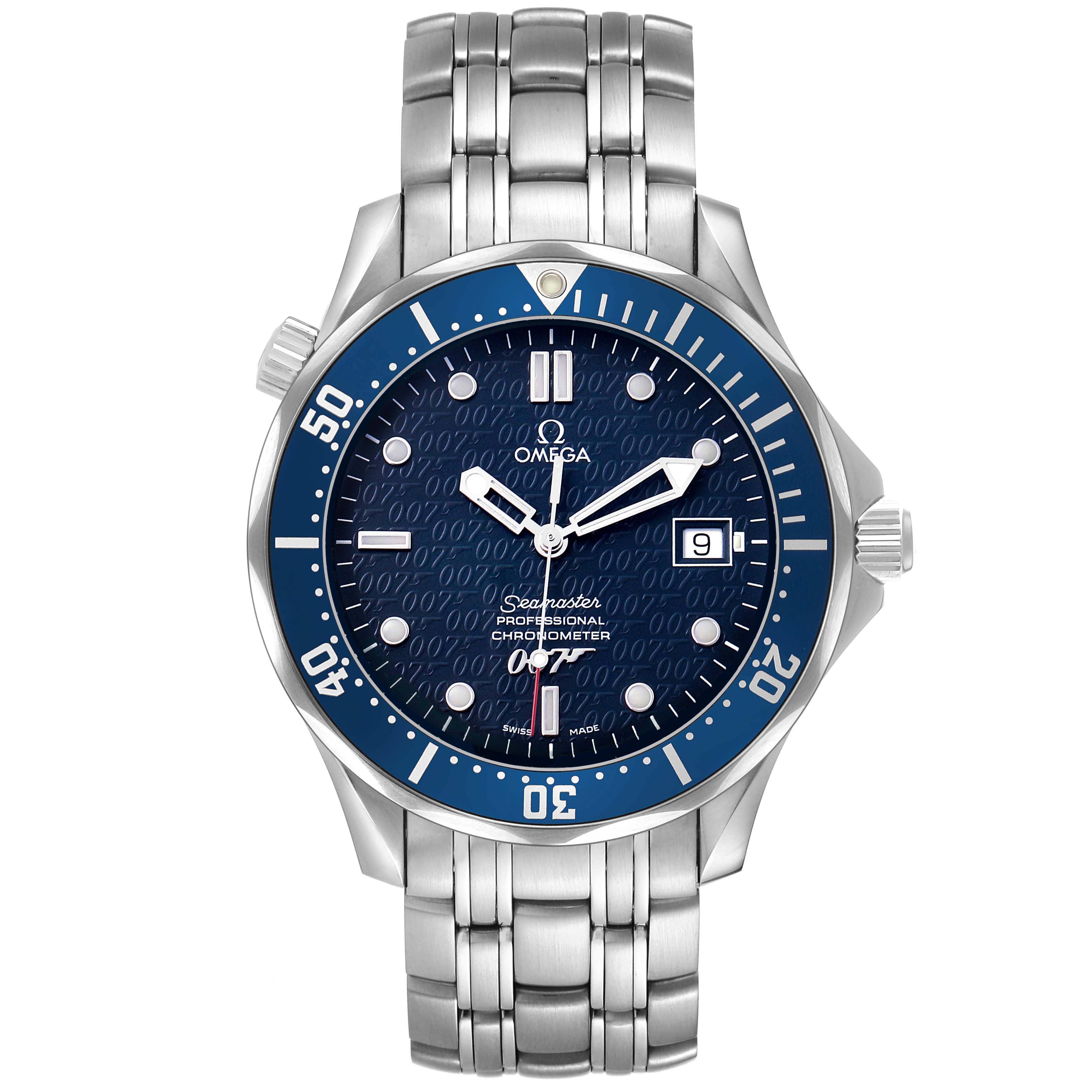 The Omega Seamaster 2537.80.00 Men's Stainless Steel Blue Dial watch is shown from the front, displaying the face, bezel, and bracelet.