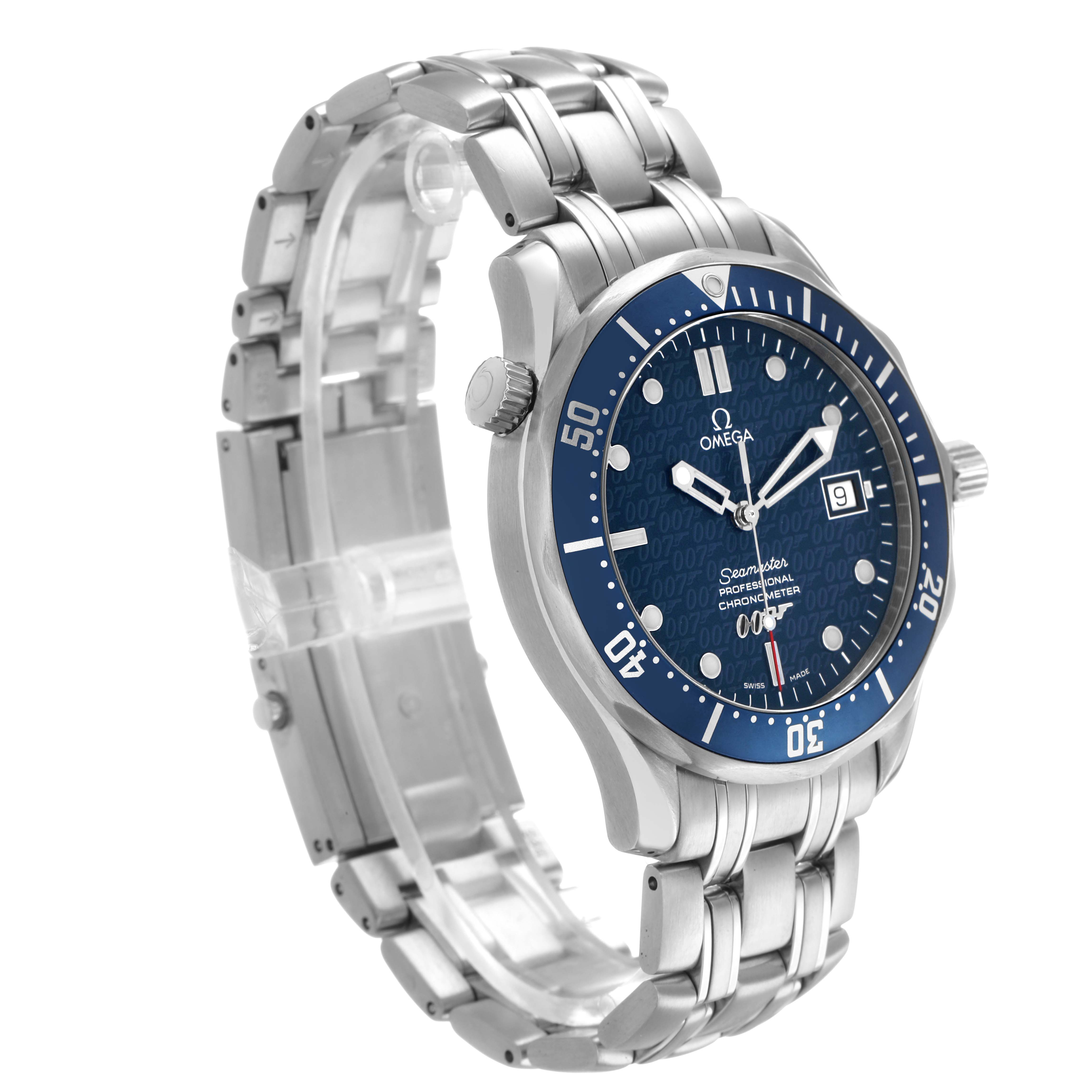 The Omega Seamaster 2537.80.00 Men's Stainless Steel Blue Dial watch is shown at a three-quarter angle, highlighting the blue dial, bezel, crown, and metal bracelet.