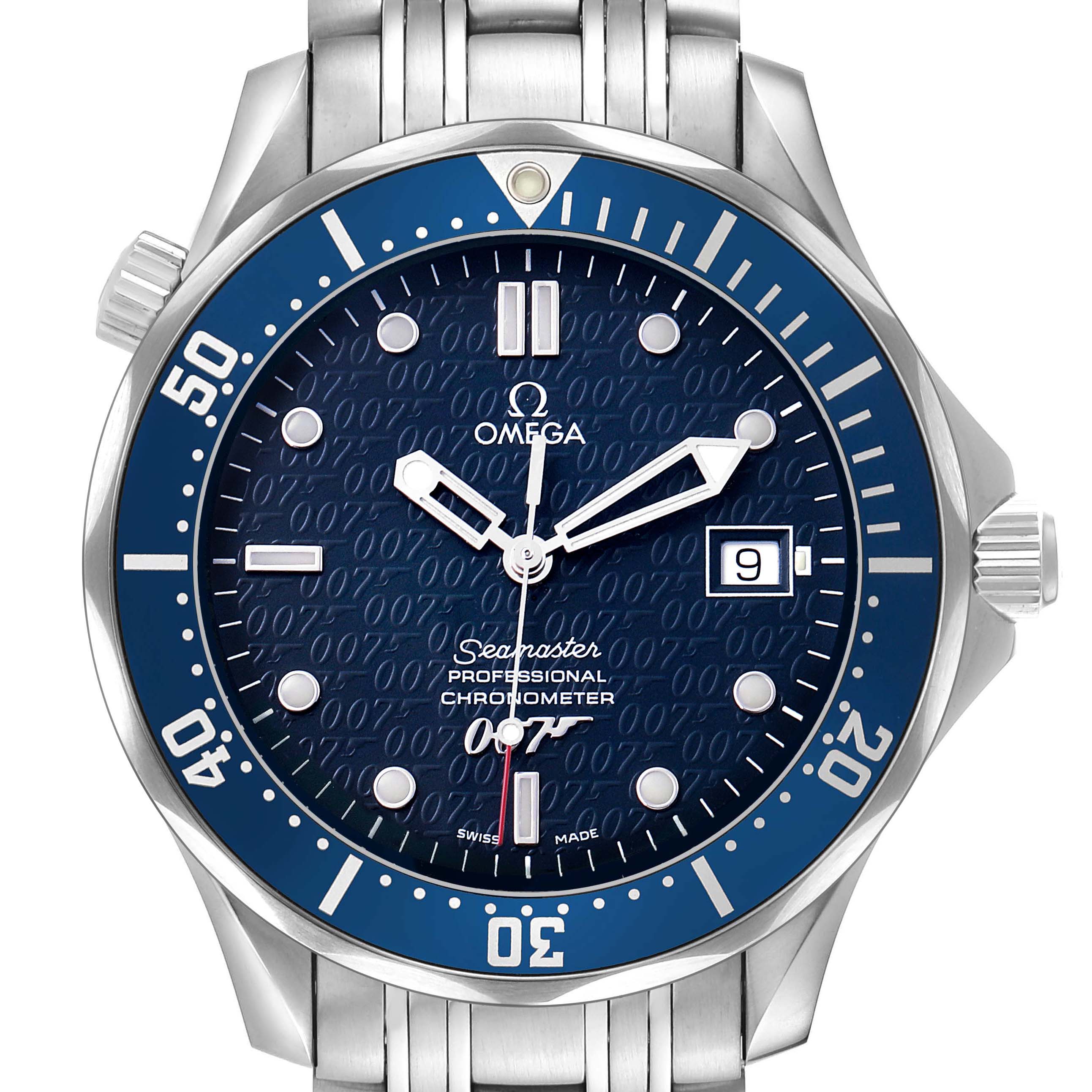 The image shows a front view of the Omega Seamaster 2537.80.00 Men's Stainless Steel Blue Dial watch, highlighting its blue dial, bezel, and metal bracelet.