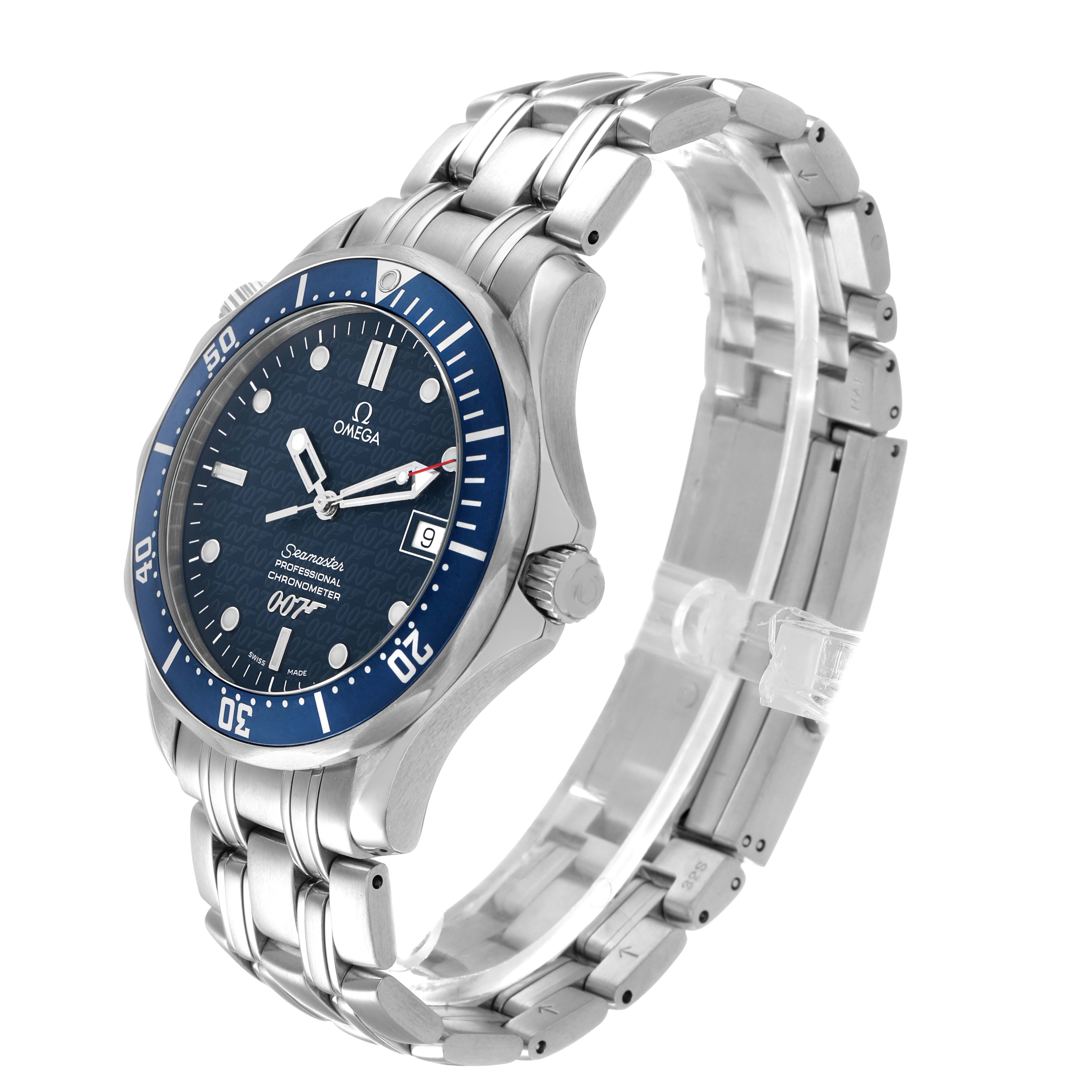 The Omega Seamaster 2537.80.00 Men's Stainless Steel Blue Dial watch is shown at a slight angle, highlighting the dial, bezel, crown, and bracelet.