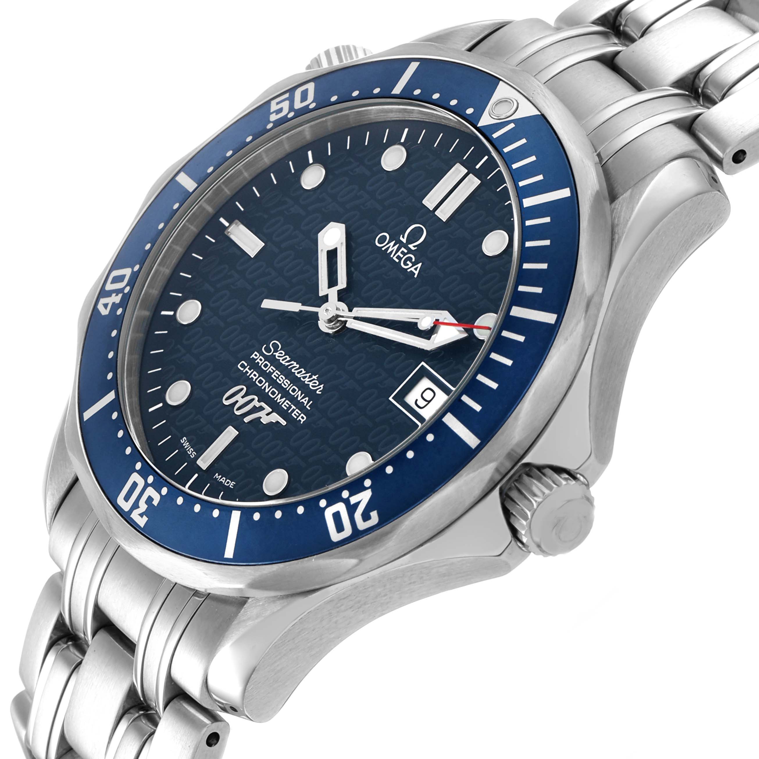 The Omega Seamaster 2537.80.00 Men's Stainless Steel Blue Dial watch is shown at a side angle, highlighting the blue bezel, crown, and stainless steel bracelet.