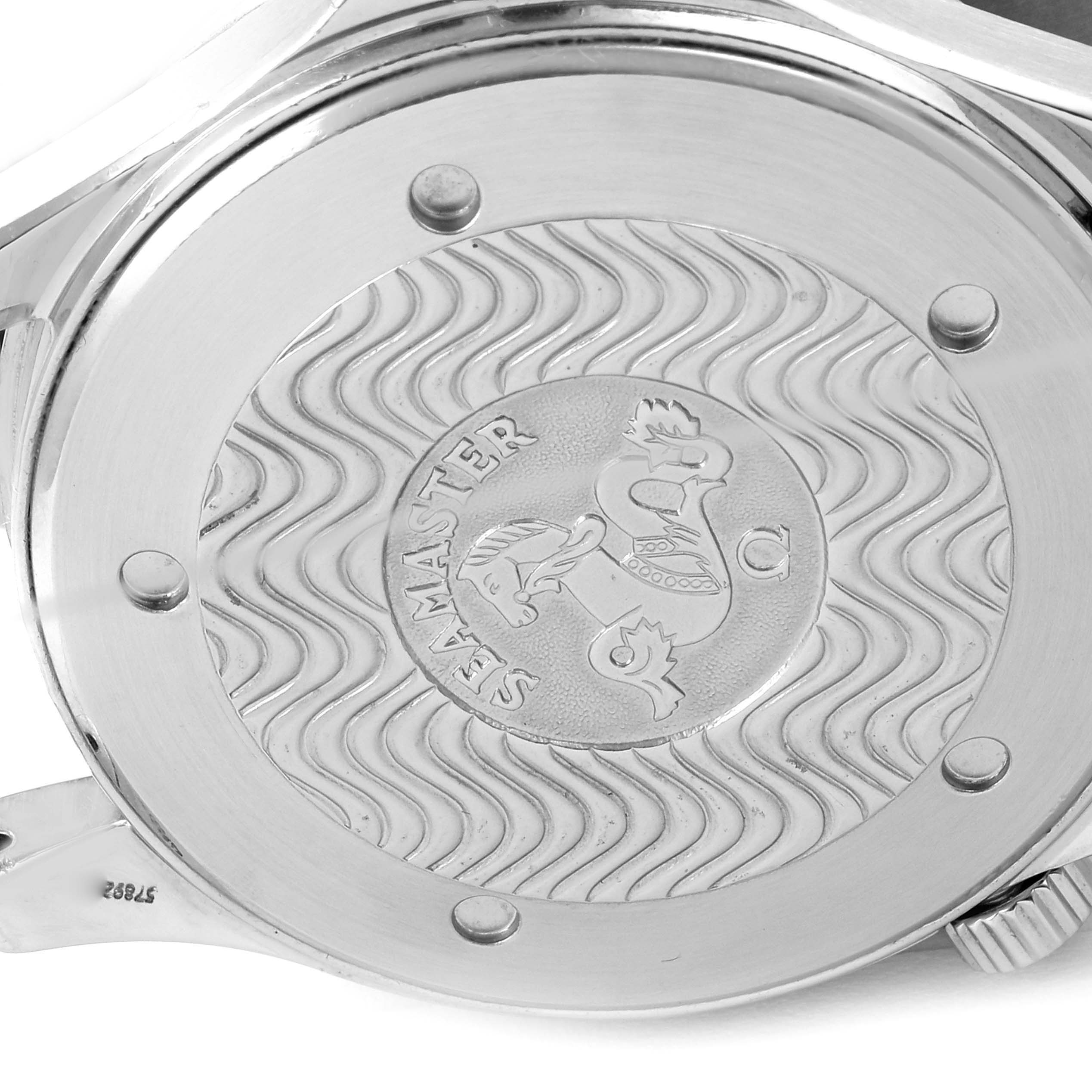 This image shows the back case of an Omega Seamaster 2541.80.00 Men's Stainless Steel Blue Dial 2541.80.00 Men's Stainless Steel Blue Dial watch, featuring its engraved design and emblem.
