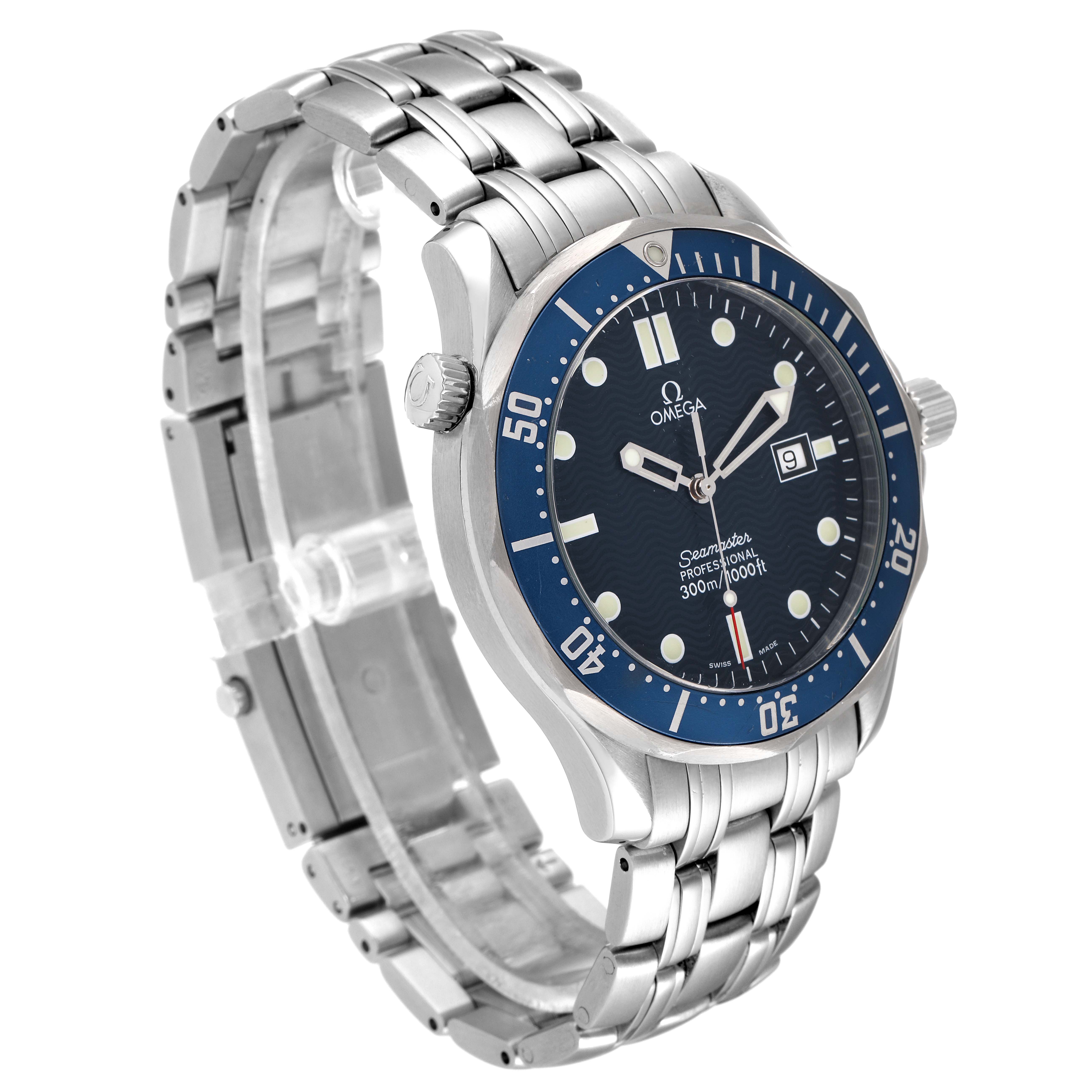 The image showcases a side-angle view of an Omega Seamaster 2541.80.00 Men's Stainless Steel Blue Dial 2541.80.00 Men's Stainless Steel Blue Dial watch, highlighting the face, bezel, and bracelet.