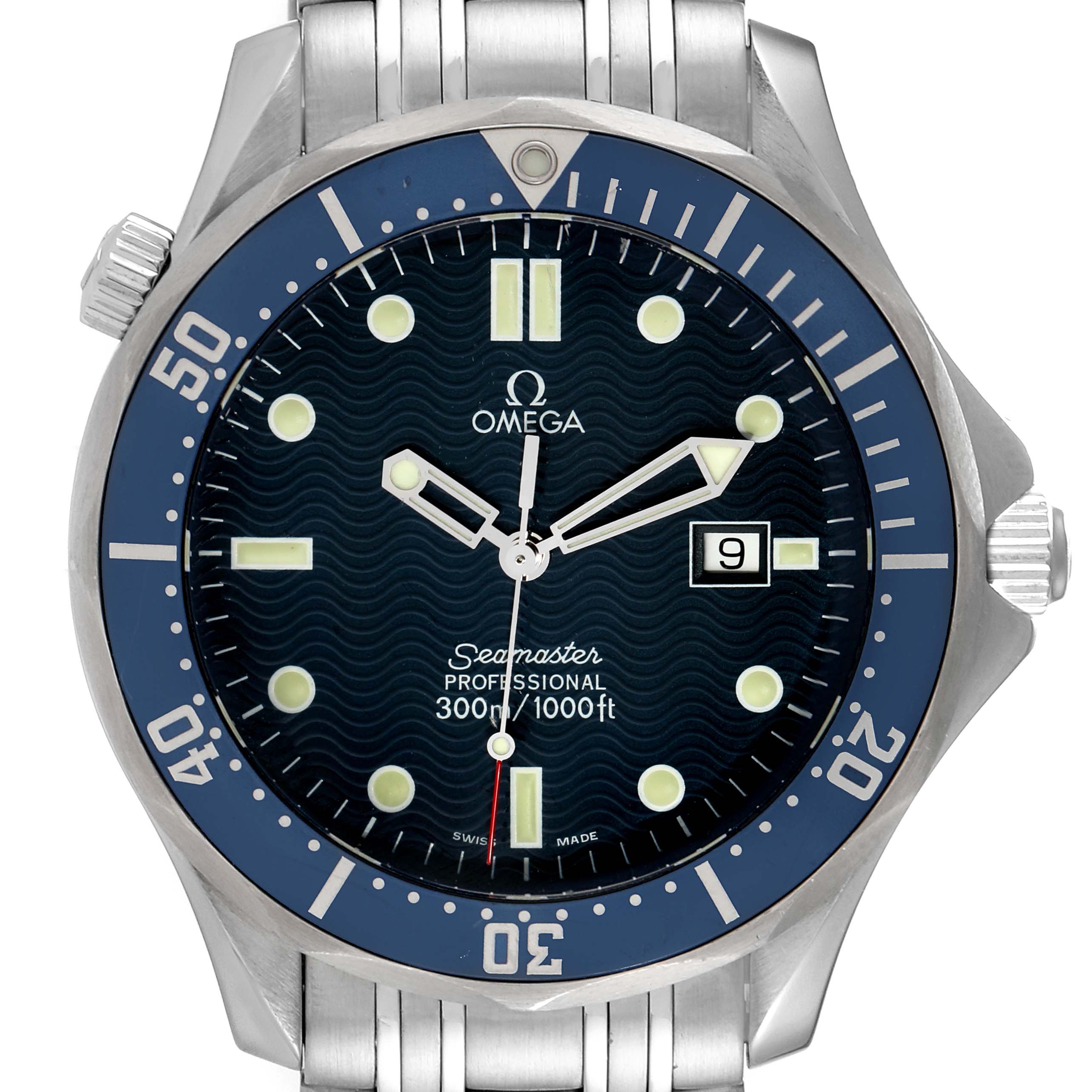 The image shows a frontal view of an Omega Seamaster 2541.80.00 Men's Stainless Steel Blue Dial 2541.80.00 Men's Stainless Steel Blue Dial watch, highlighting its dial, bezel, and part of the metal bracelet.