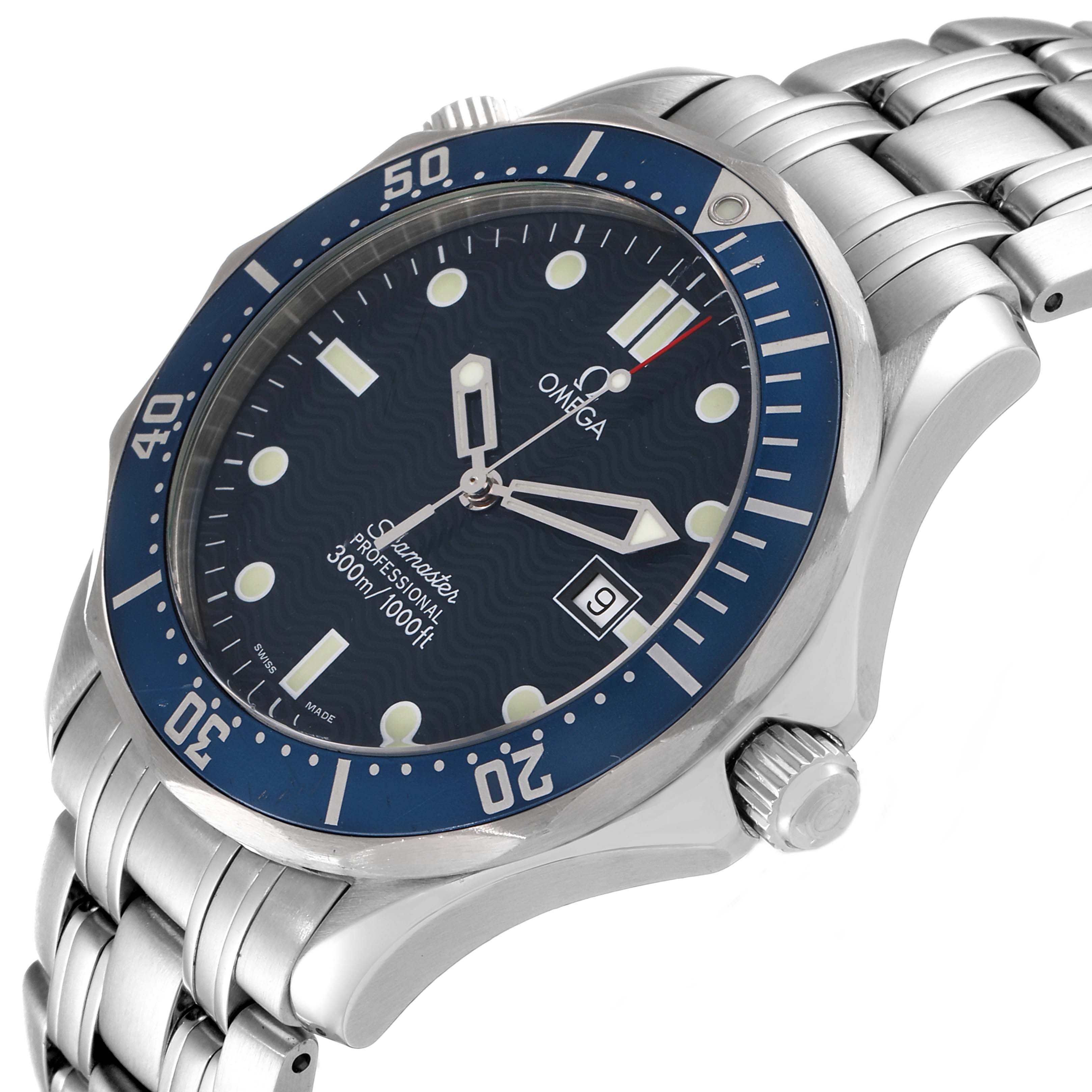 The image shows a close-up, side-angle view of the Omega Seamaster 2541.80.00 Men's Stainless Steel Blue Dial 2541.80.00 Men's Stainless Steel Blue Dial watch, featuring its dial, bezel, crown, and part of the bracelet.