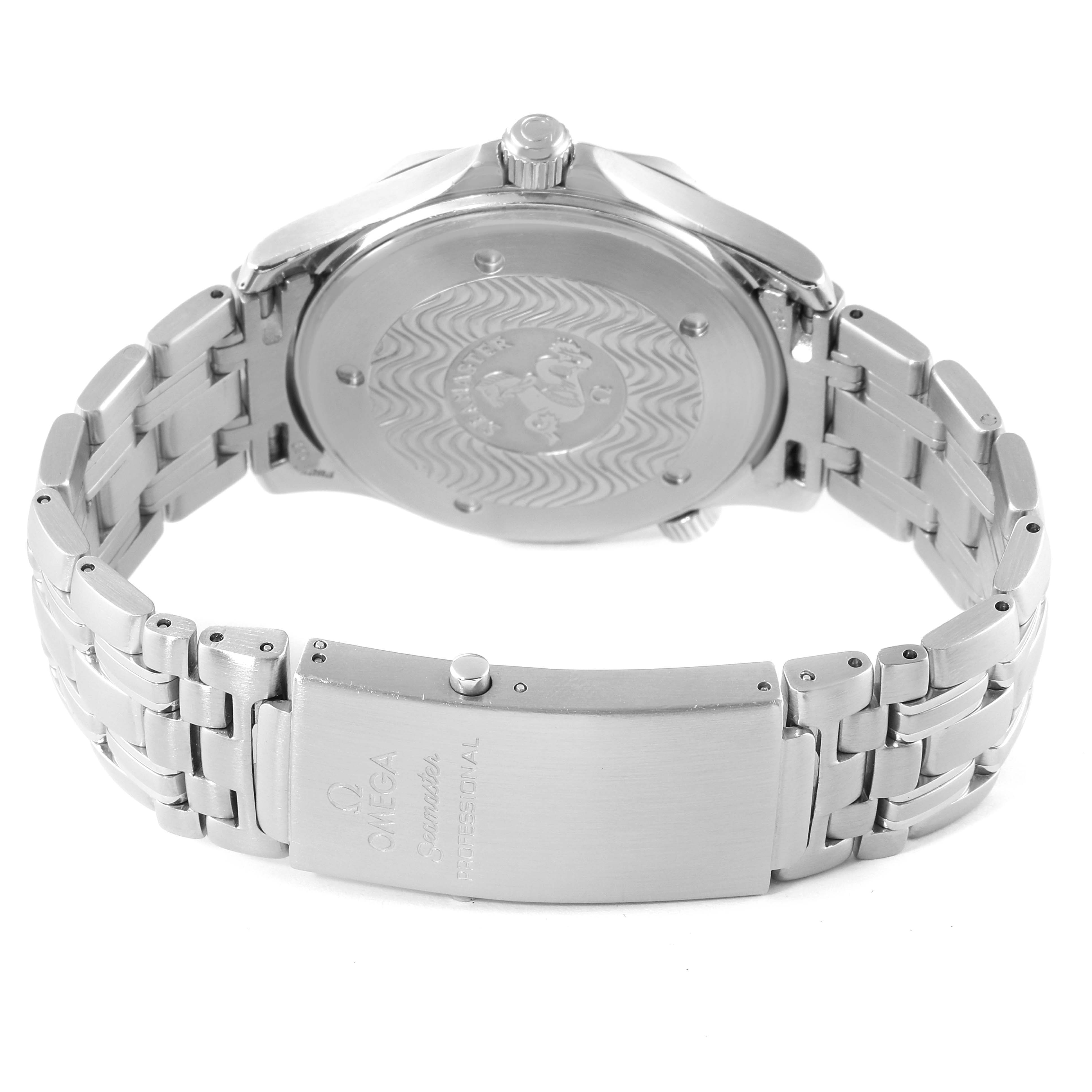 This image shows the back case, crown, and clasp of an Omega Seamaster 2541.80.00 Men's Stainless Steel Blue Dial 2541.80.00 Men's Stainless Steel Blue Dial watch.