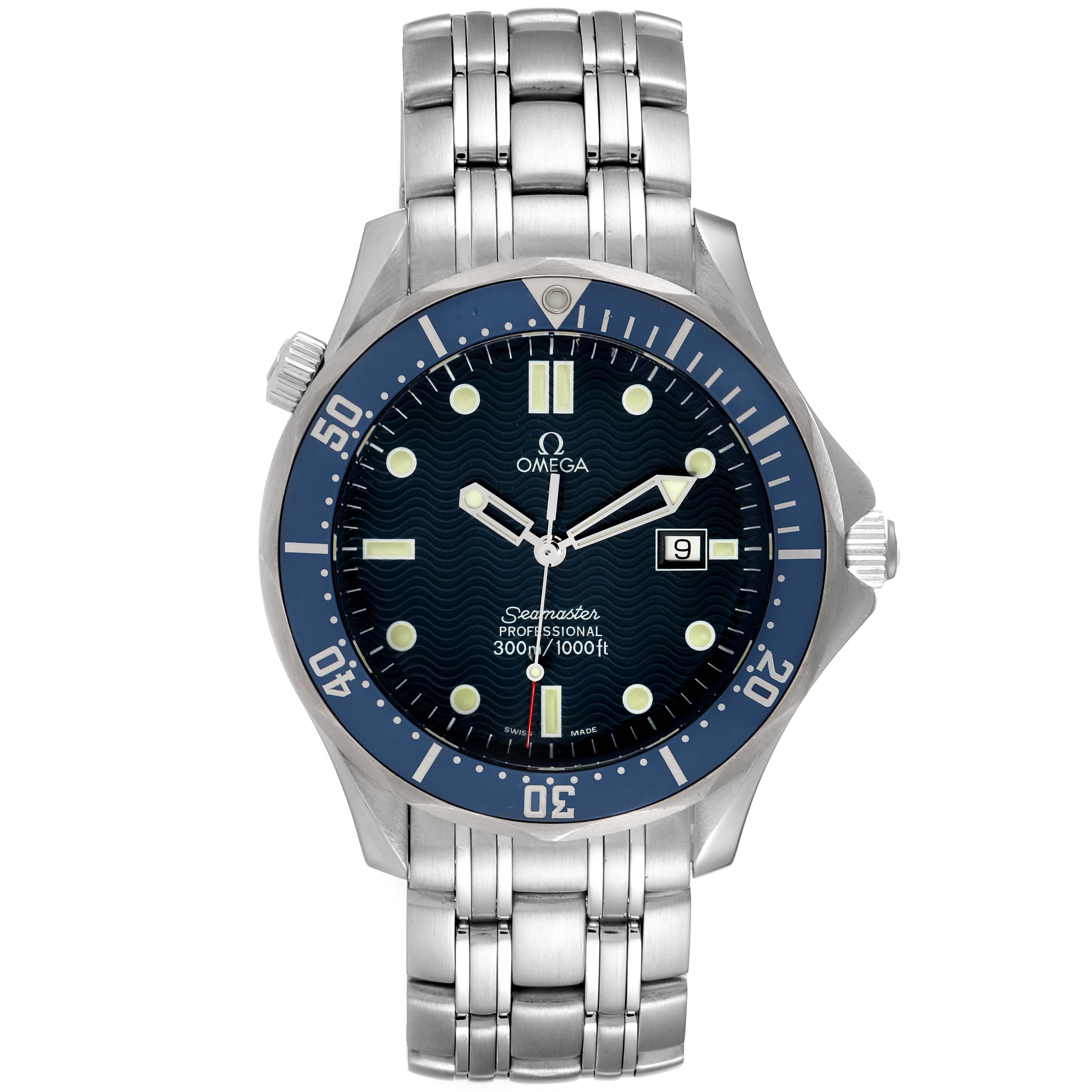 The image shows a front view of an Omega Seamaster 2541.80.00 Men's Stainless Steel Blue Dial 2541.80.00 Men's Stainless Steel Blue Dial watch, featuring its dial, bezel, bracelet, and crown.