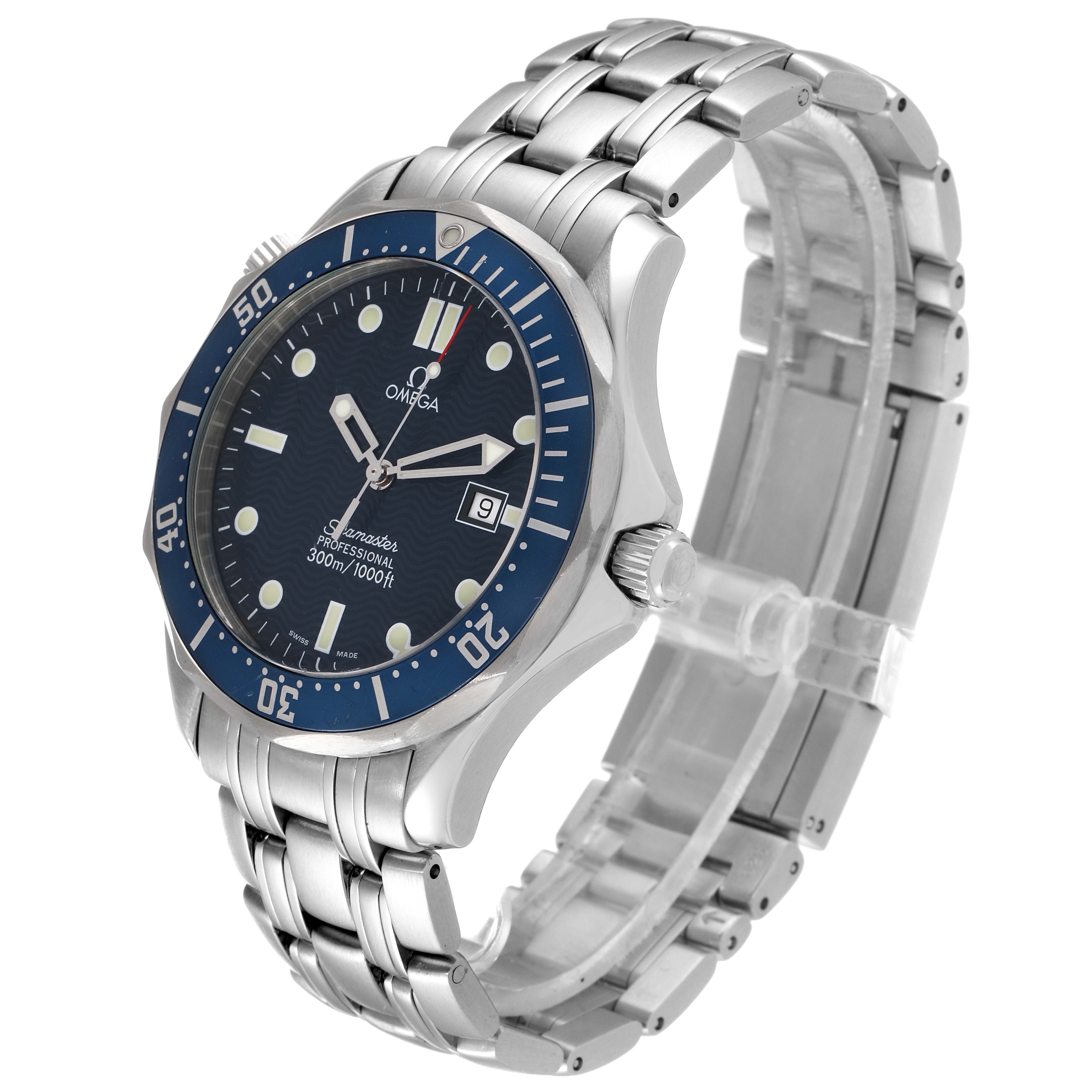 The image shows an Omega Seamaster 2541.80.00 Men's Stainless Steel Blue Dial 2541.80.00 Men's Stainless Steel Blue Dial watch from a 3/4 angle, focusing on its face, bezel, crown, and metal bracelet.