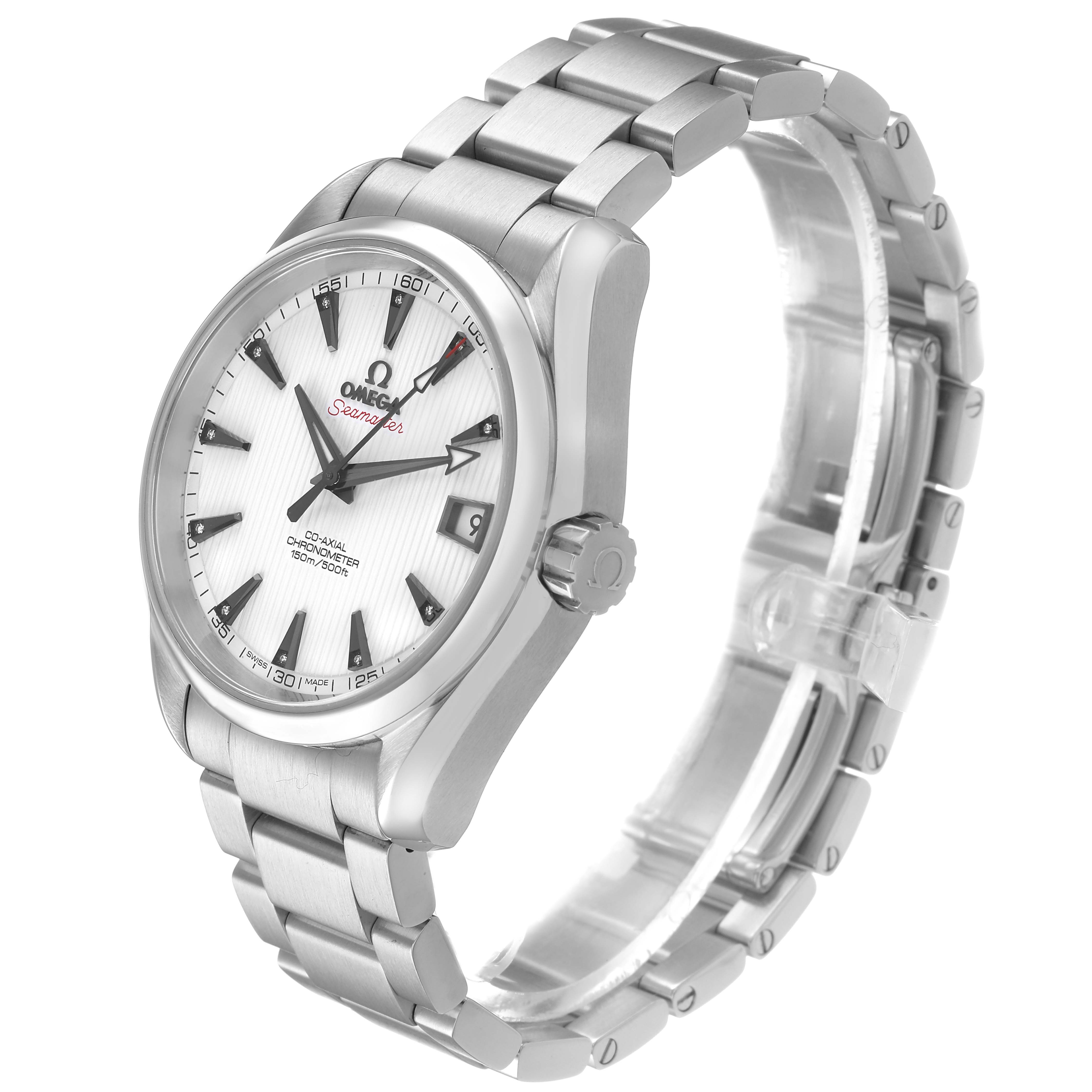 The Omega Seamaster 231.10.39.21.54.001 Men's Stainless Steel White Dial watch is shown at a three-quarter angle, displaying the dial, bezel, crown, and bracelet.