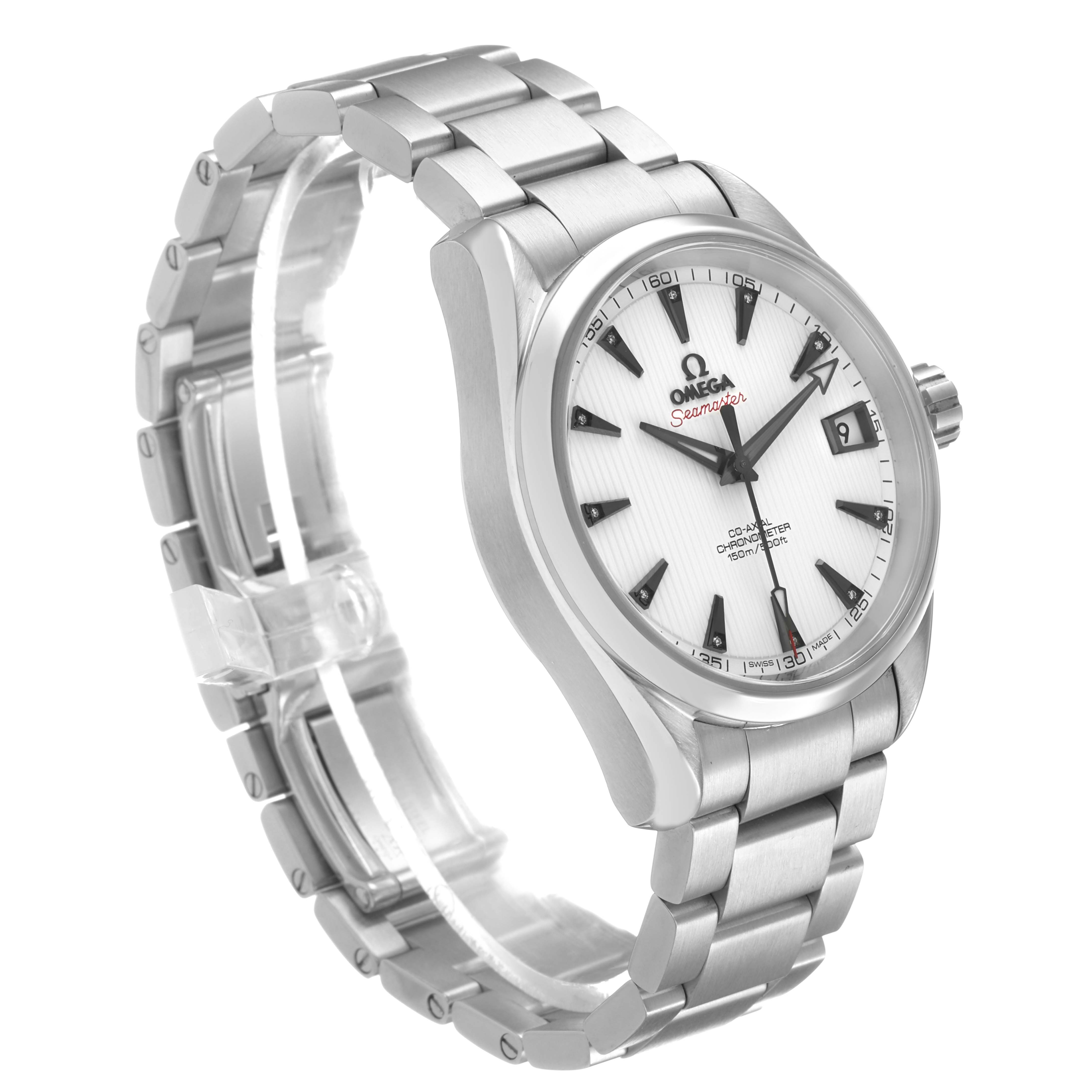 The Omega Seamaster 231.10.39.21.54.001 Men's Stainless Steel White Dial watch is shown at a three-quarter angle, featuring the face, bezel, crown, and metal bracelet.