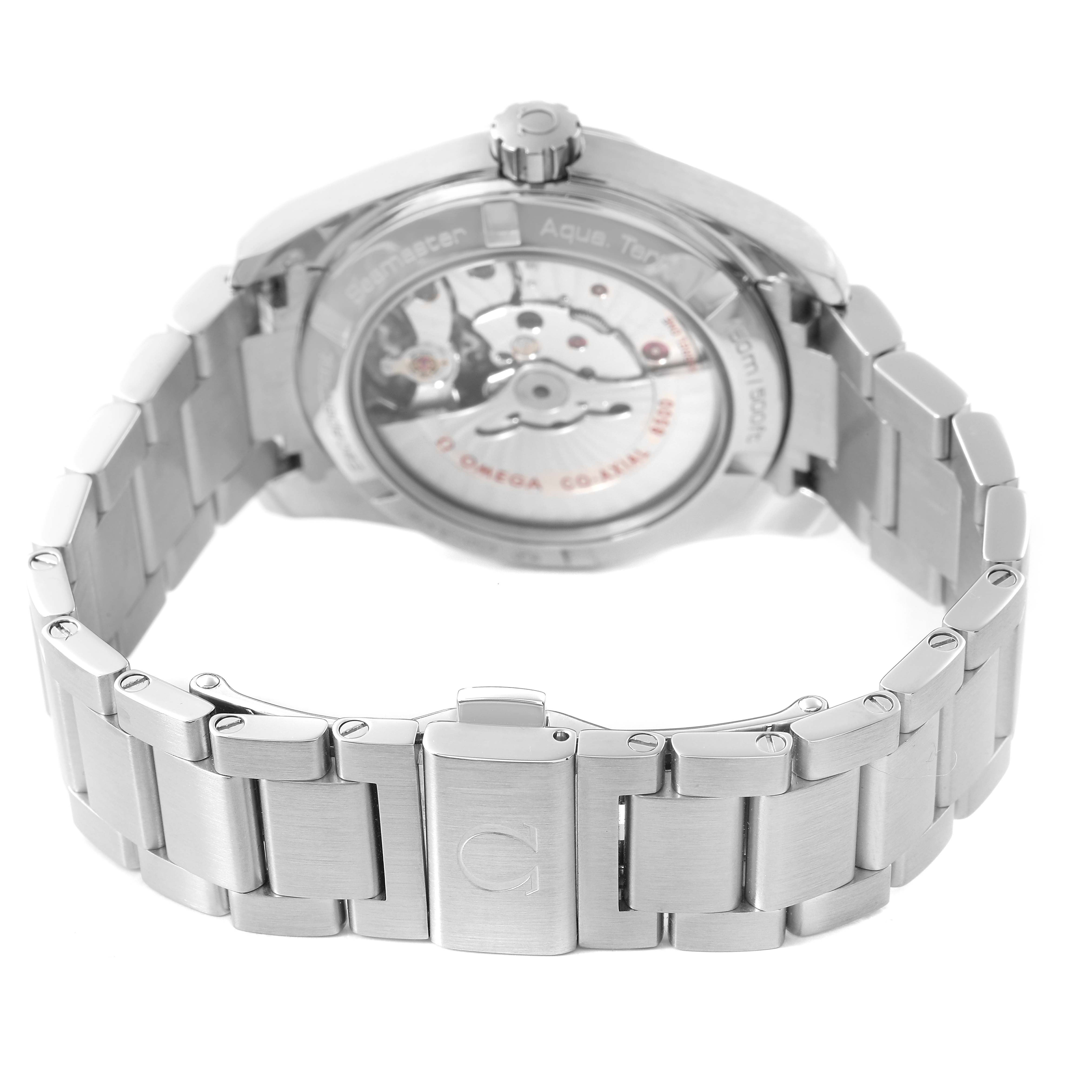 The image shows the back and bracelet of an Omega Seamaster 231.10.39.21.54.001 Men's Stainless Steel White Dial, highlighting the exhibition case back and clasp.