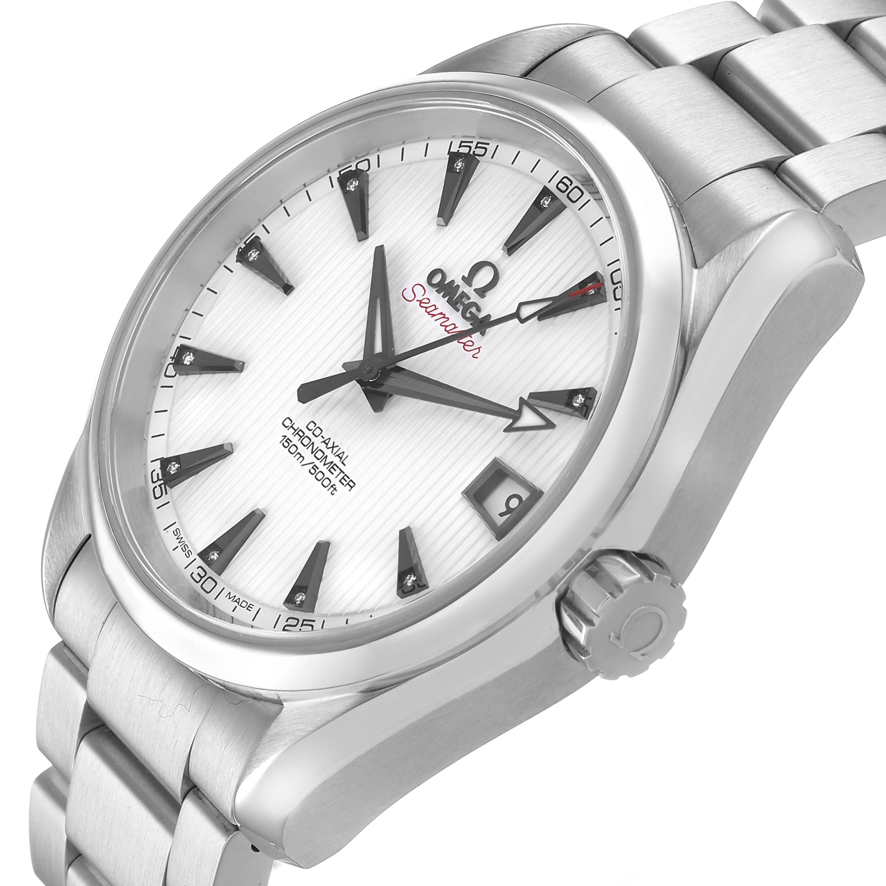The Omega Seamaster 231.10.39.21.54.001 Men's Stainless Steel White Dial watch is shown at a slight angle displaying the dial, bezel, case, crown, and part of the bracelet.