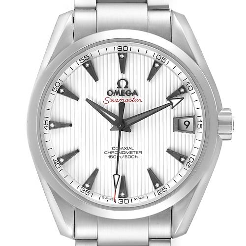 The image shows a front view of the Omega Seamaster 231.10.39.21.54.001 Men's Stainless Steel White Dial watch, highlighting its dial and stainless steel bracelet.