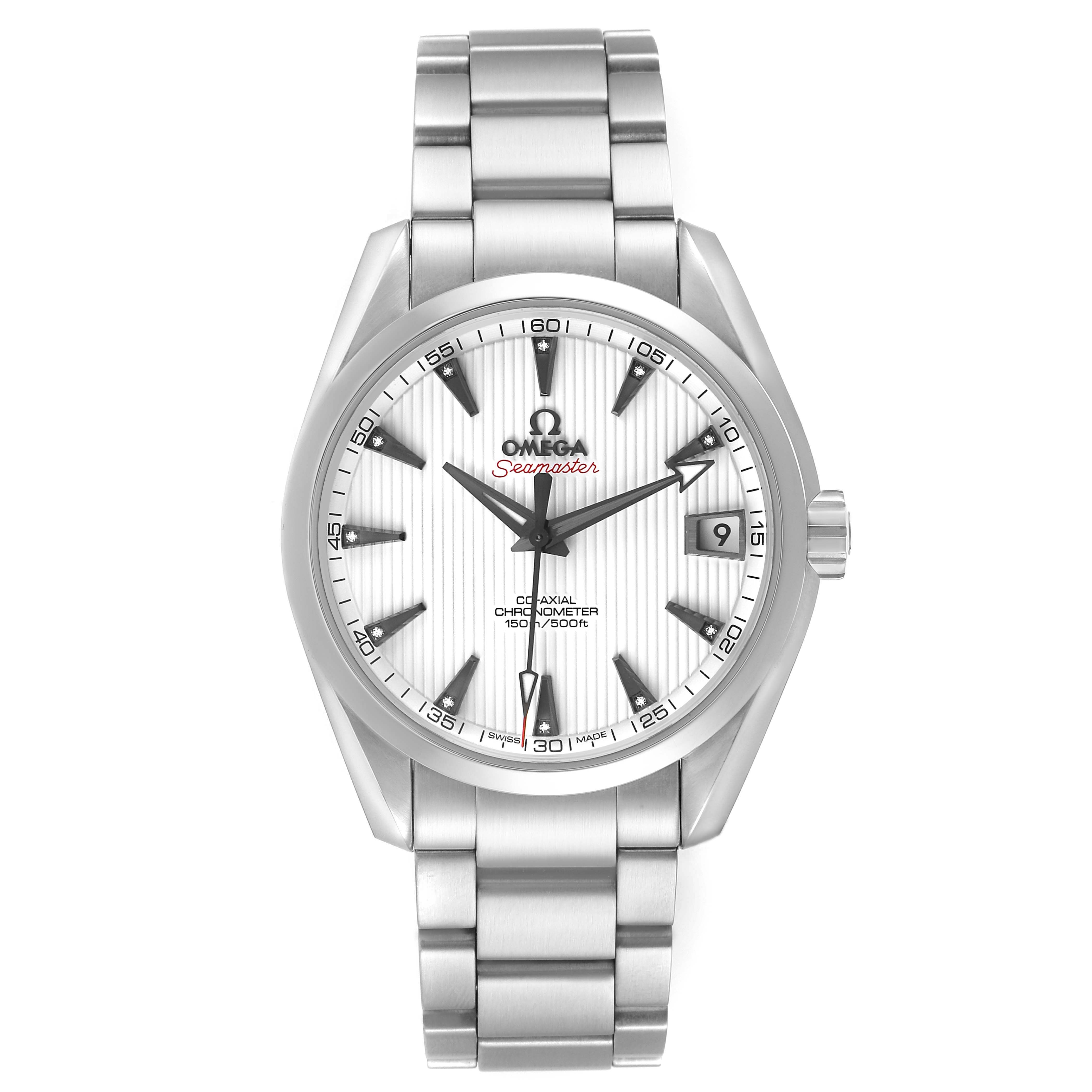 The Omega Seamaster 231.10.39.21.54.001 Men's Stainless Steel White Dial watch is shown from the front, displaying the face, bracelet, and crown.