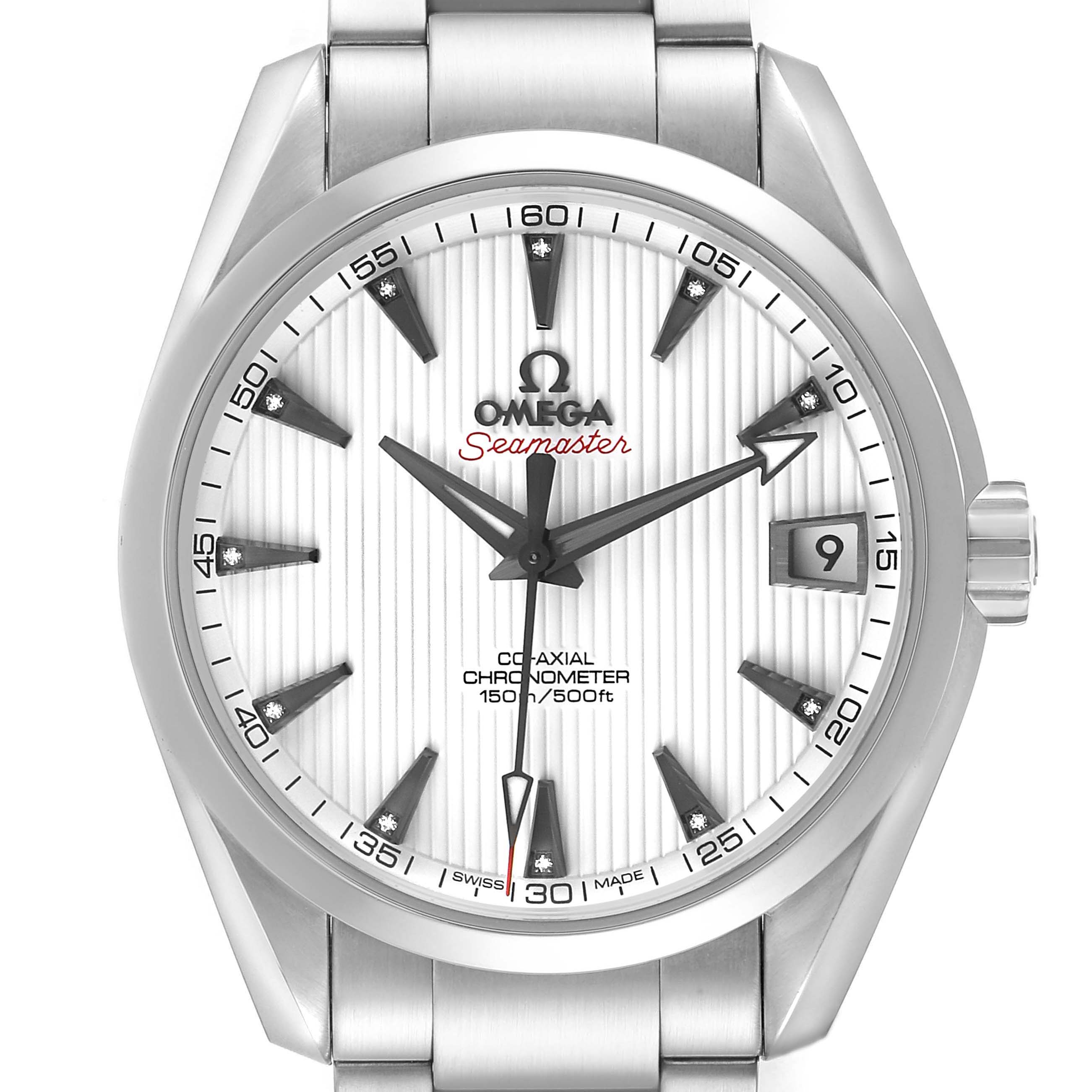 The Omega Seamaster 231.10.39.21.54.001 Men's Stainless Steel White Dial watch is shown from the front, highlighting the dial, hands, markers, and date window.