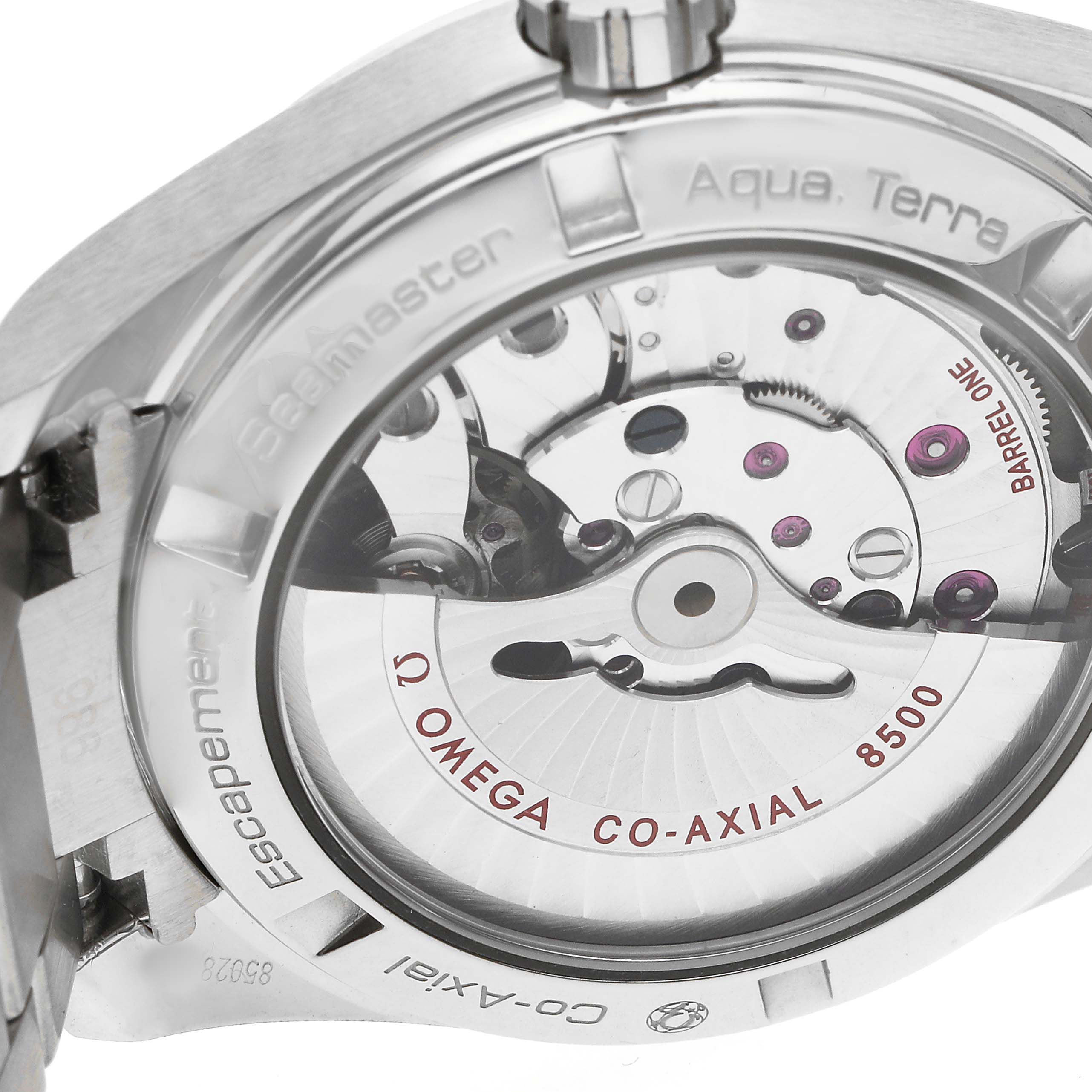 The image shows the back of the Omega Seamaster 231.10.39.21.54.001 Men's Stainless Steel White Dial Aqua Terra, highlighting the Co-Axial 8500 movement.