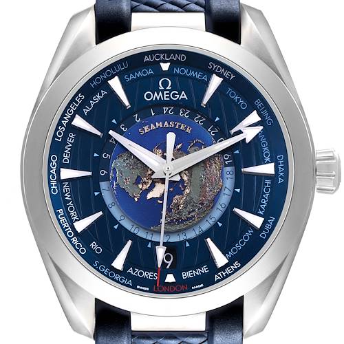 The Omega Seamaster 220.12.43.22.03.001 Men's Stainless Steel Blue Dial watch is shown from the front, displaying the dial with world cities and a central globe design.