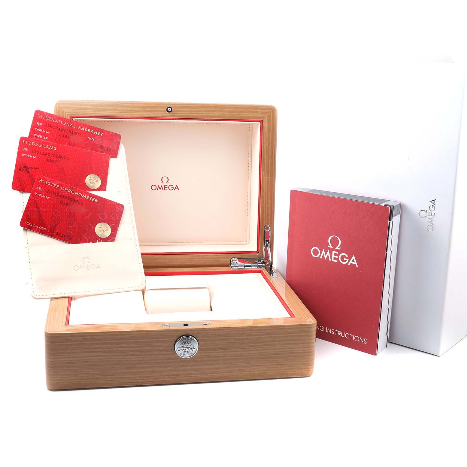 The image shows the open box for the Omega Seamaster 220.12.43.22.03.001 Men's Stainless Steel Blue Dial, cards, a booklet, and an outer box, from a front angle.