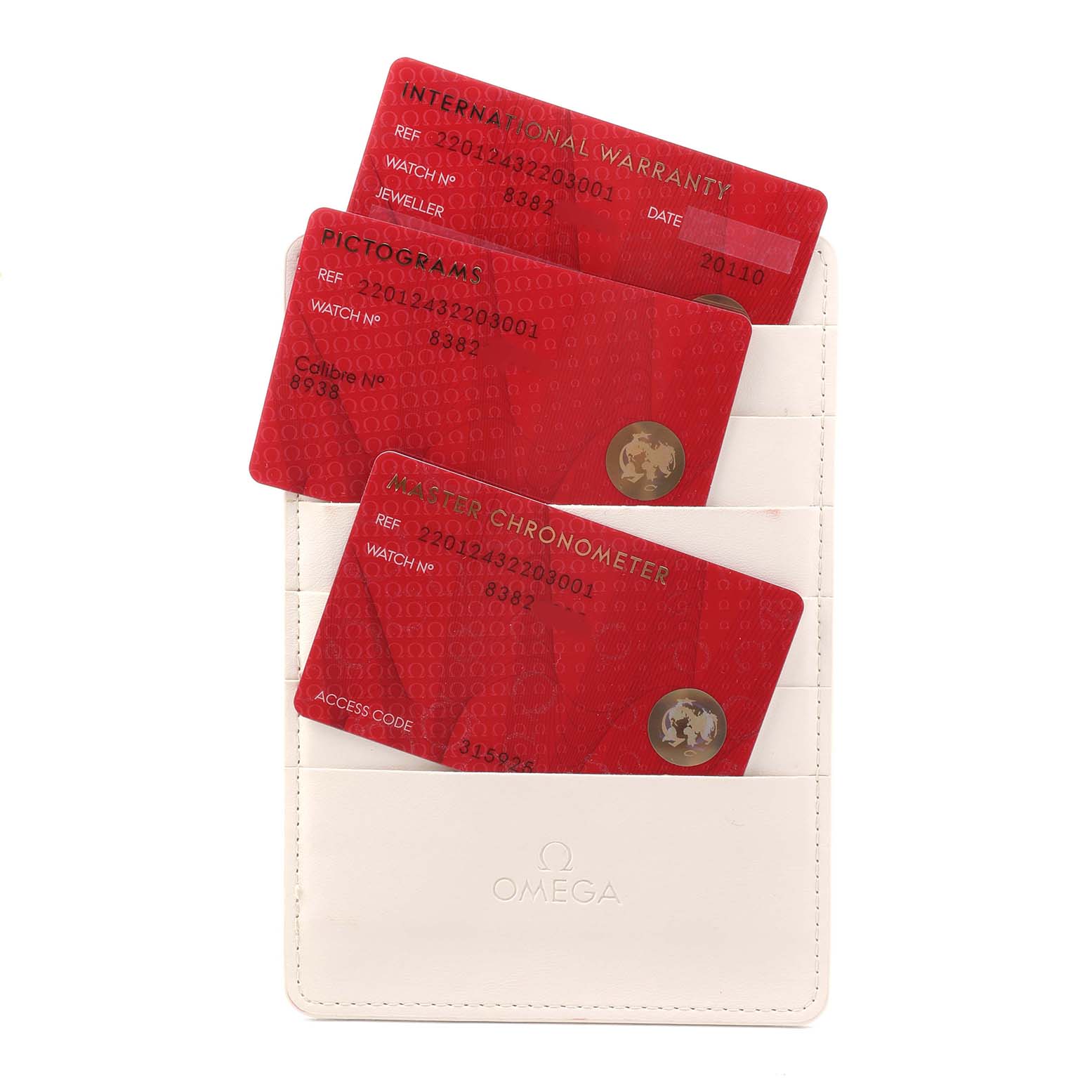 The image shows warranty and certification cards for the Omega Seamaster 220.12.43.22.03.001 Men's Stainless Steel Blue Dial, displayed in a white cardholder.