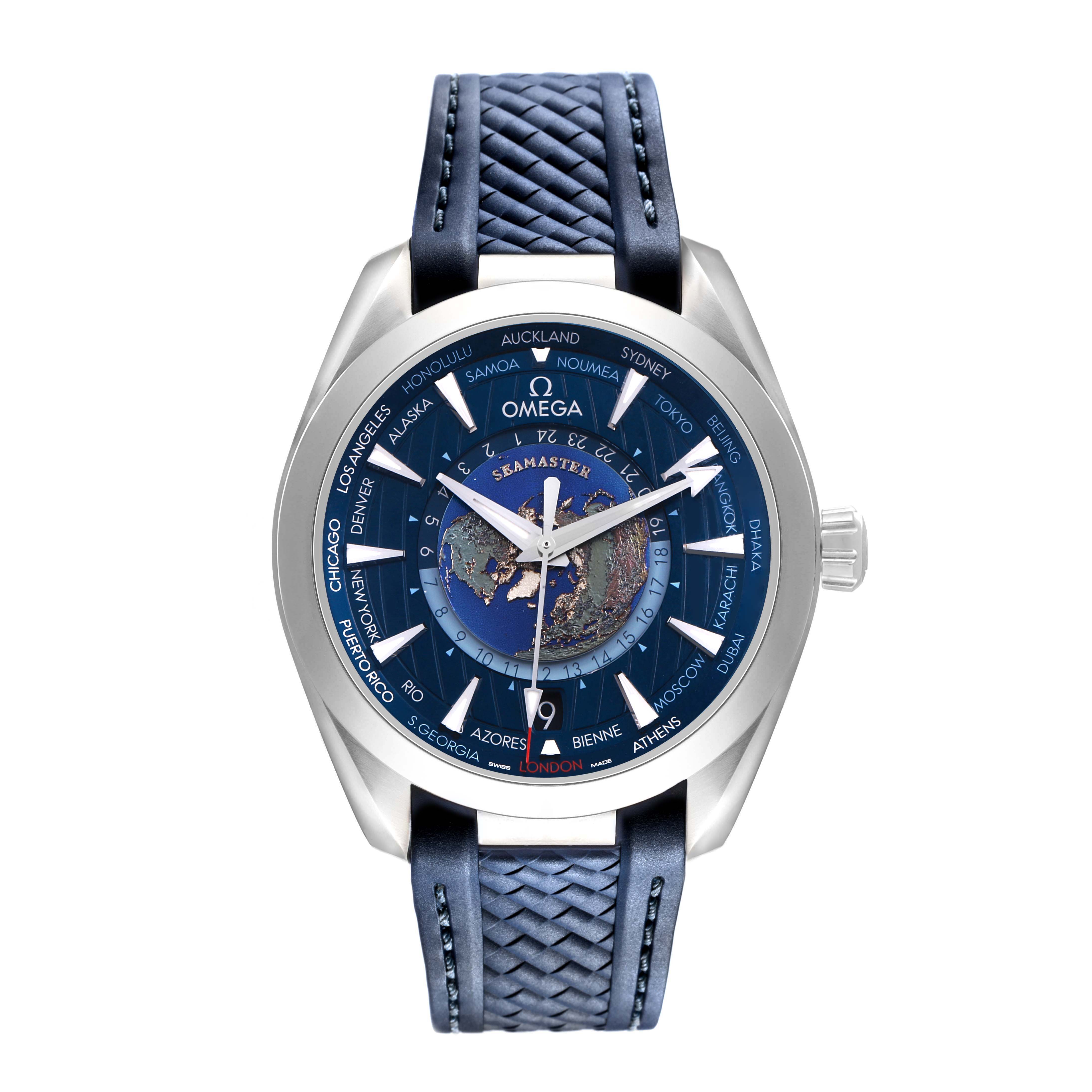 The Omega Seamaster 220.12.43.22.03.001 Men's Stainless Steel Blue Dial watch is shown from a front angle, highlighting the dial, bezel, and leather strap.