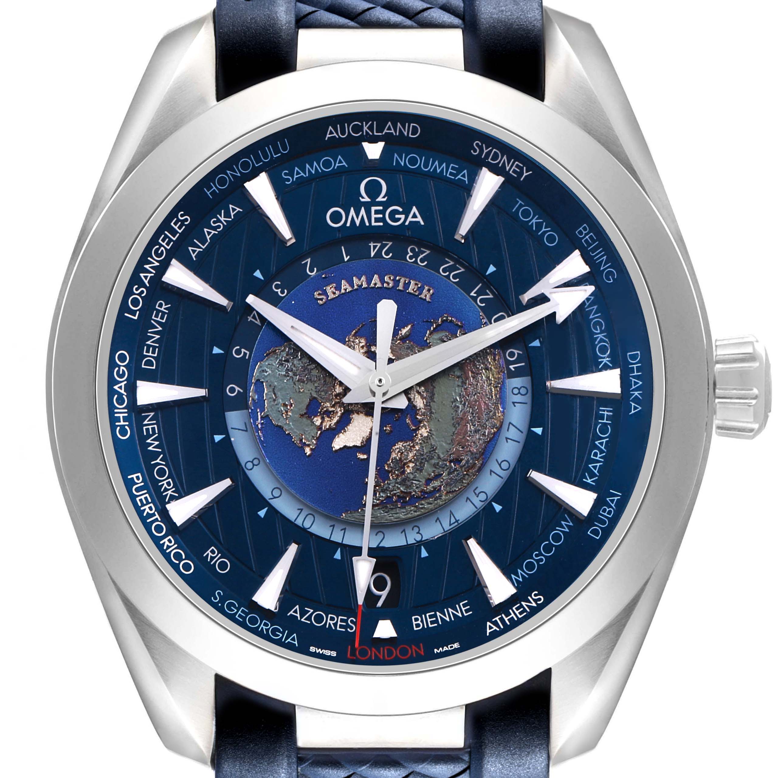 The Omega Seamaster 220.12.43.22.03.001 Men's Stainless Steel Blue Dial watch is shown from a frontal angle, displaying the dial with world cities, a globe, and the crown.